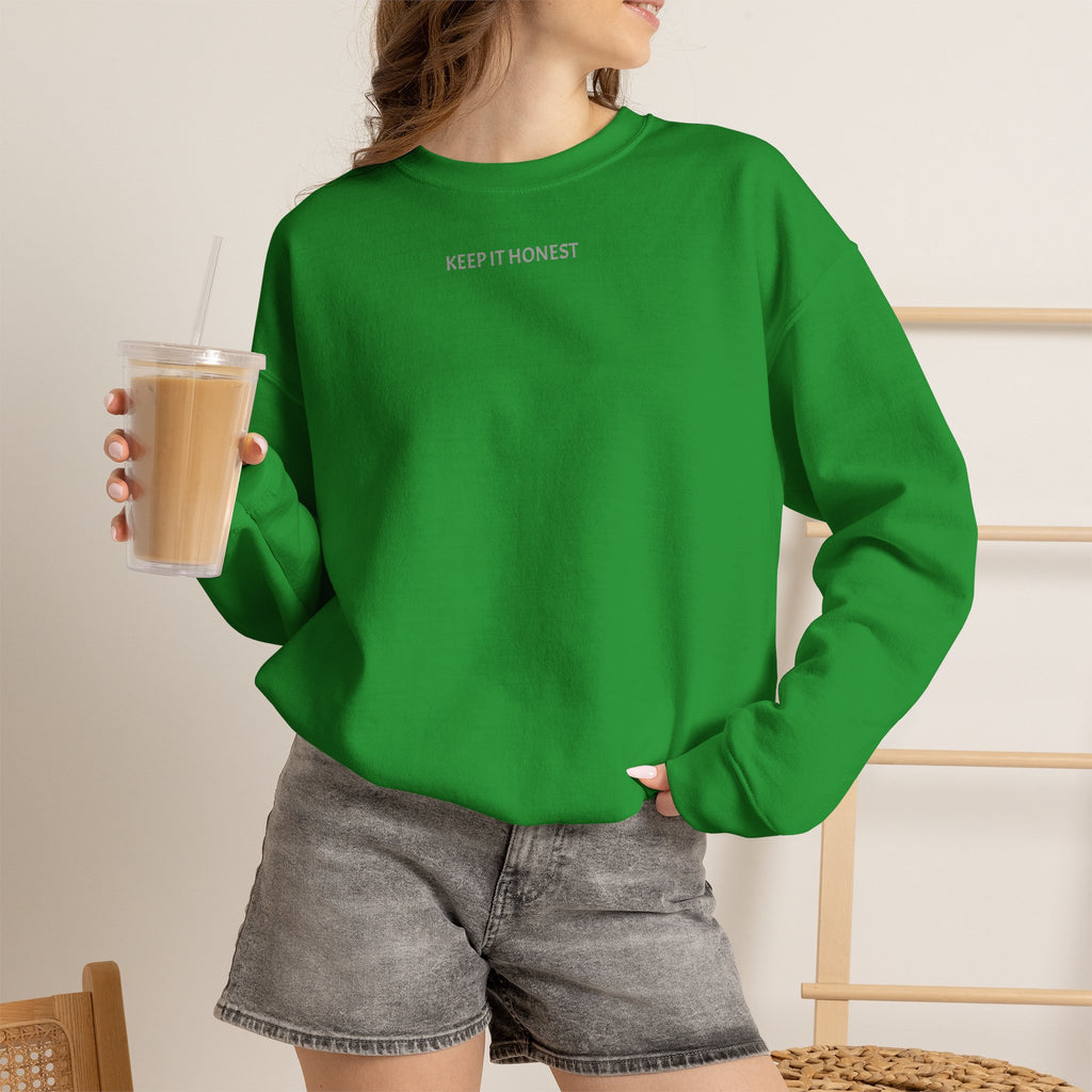 Crewneck Sweatshirt - Minimal "Keep It Honest" Chest Text, Cozy White Casual Pullover