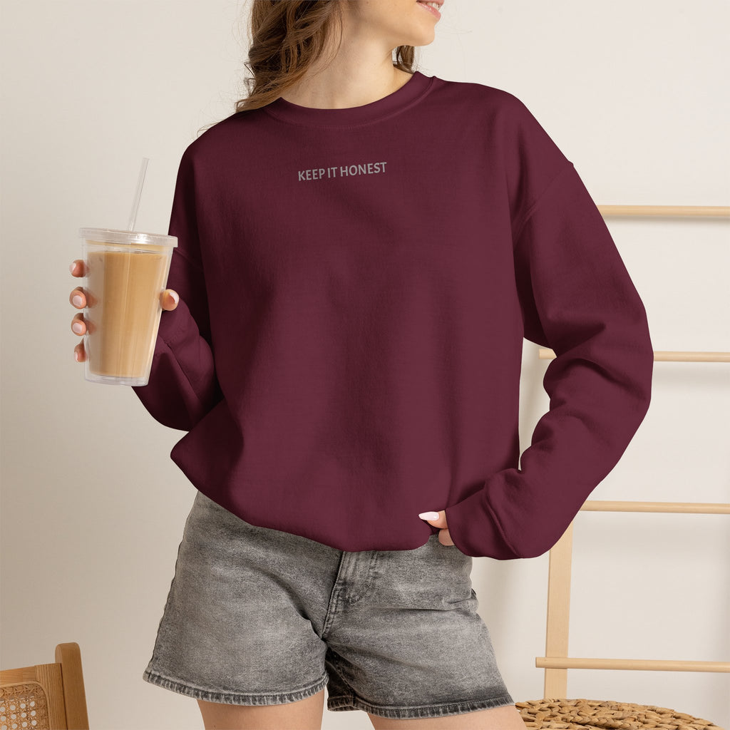 Crewneck Sweatshirt - Minimal "Keep It Honest" Chest Text, Cozy White Casual Pullover