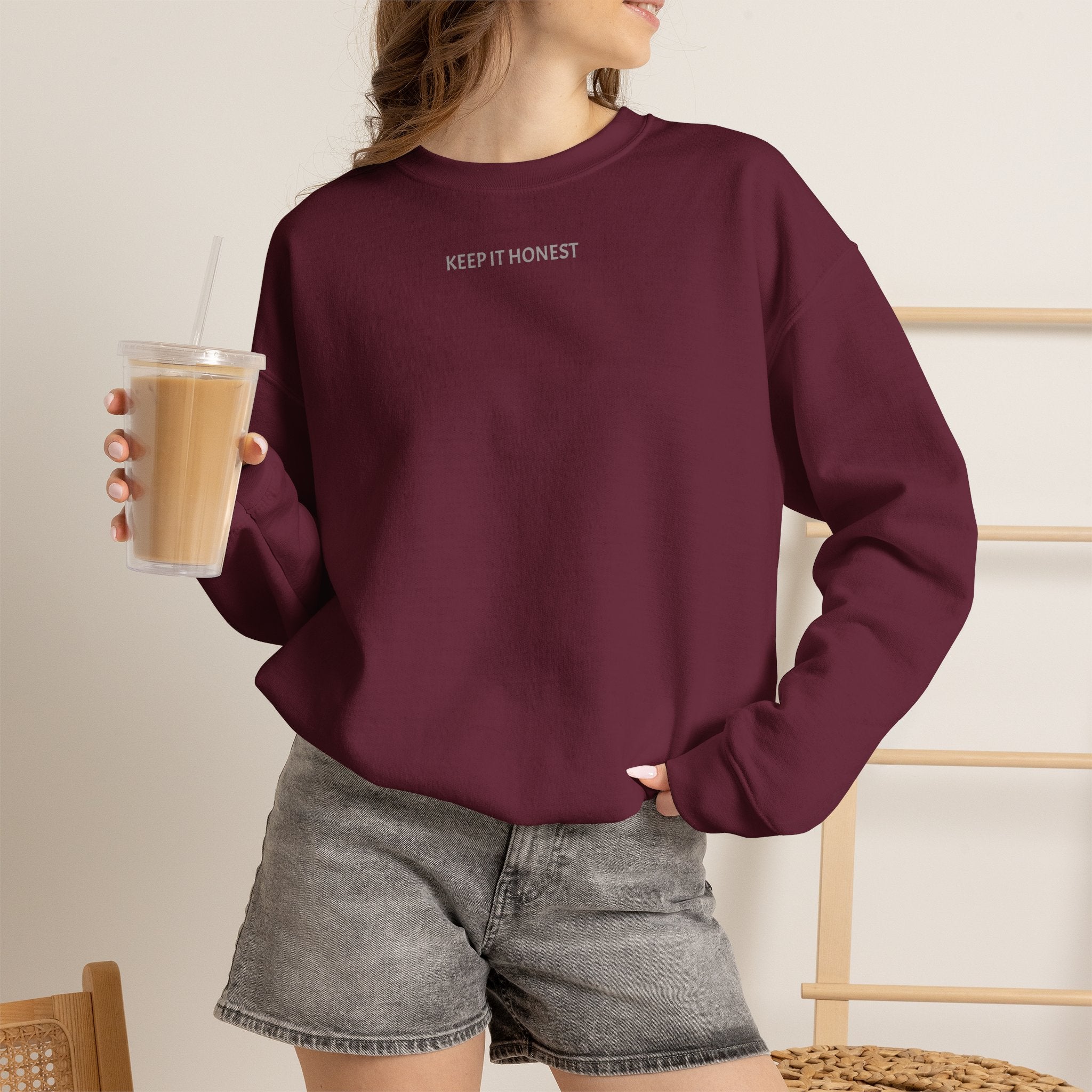 Crewneck Sweatshirt - Minimal "Keep It Honest" Chest Text, Cozy White Casual Pullover