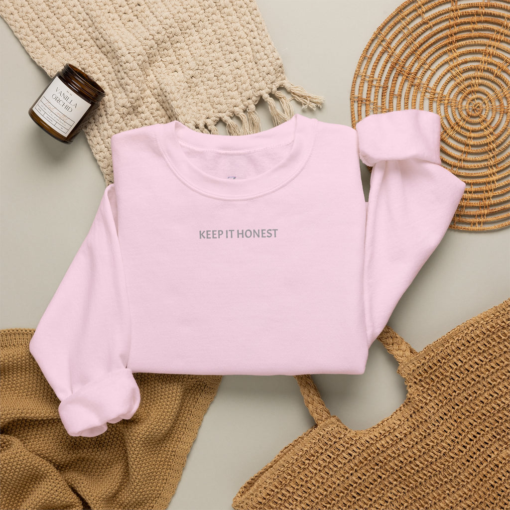 Crewneck Sweatshirt - Minimal "Keep It Honest" Chest Text, Cozy White Casual Pullover