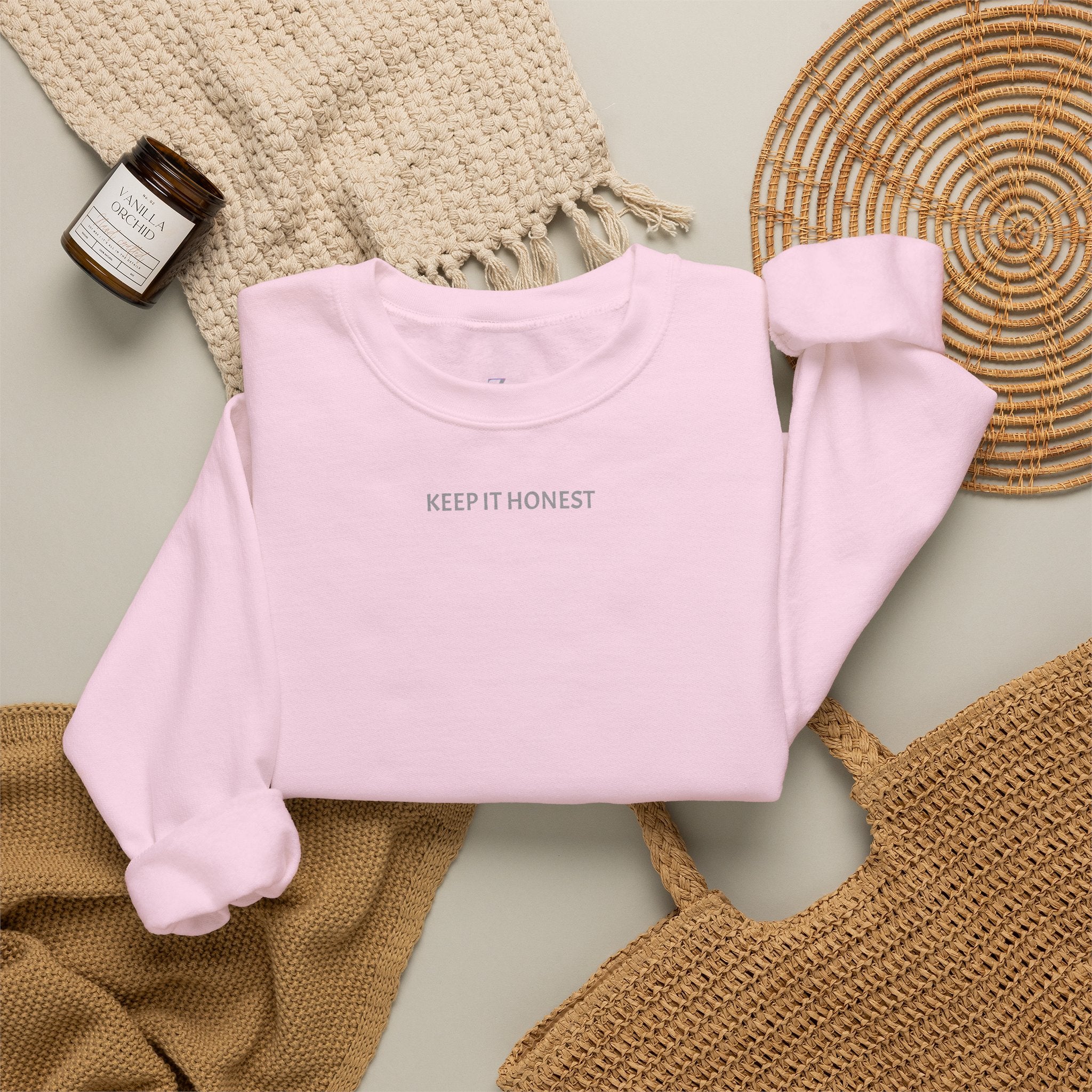 Crewneck Sweatshirt - Minimal "Keep It Honest" Chest Text, Cozy White Casual Pullover