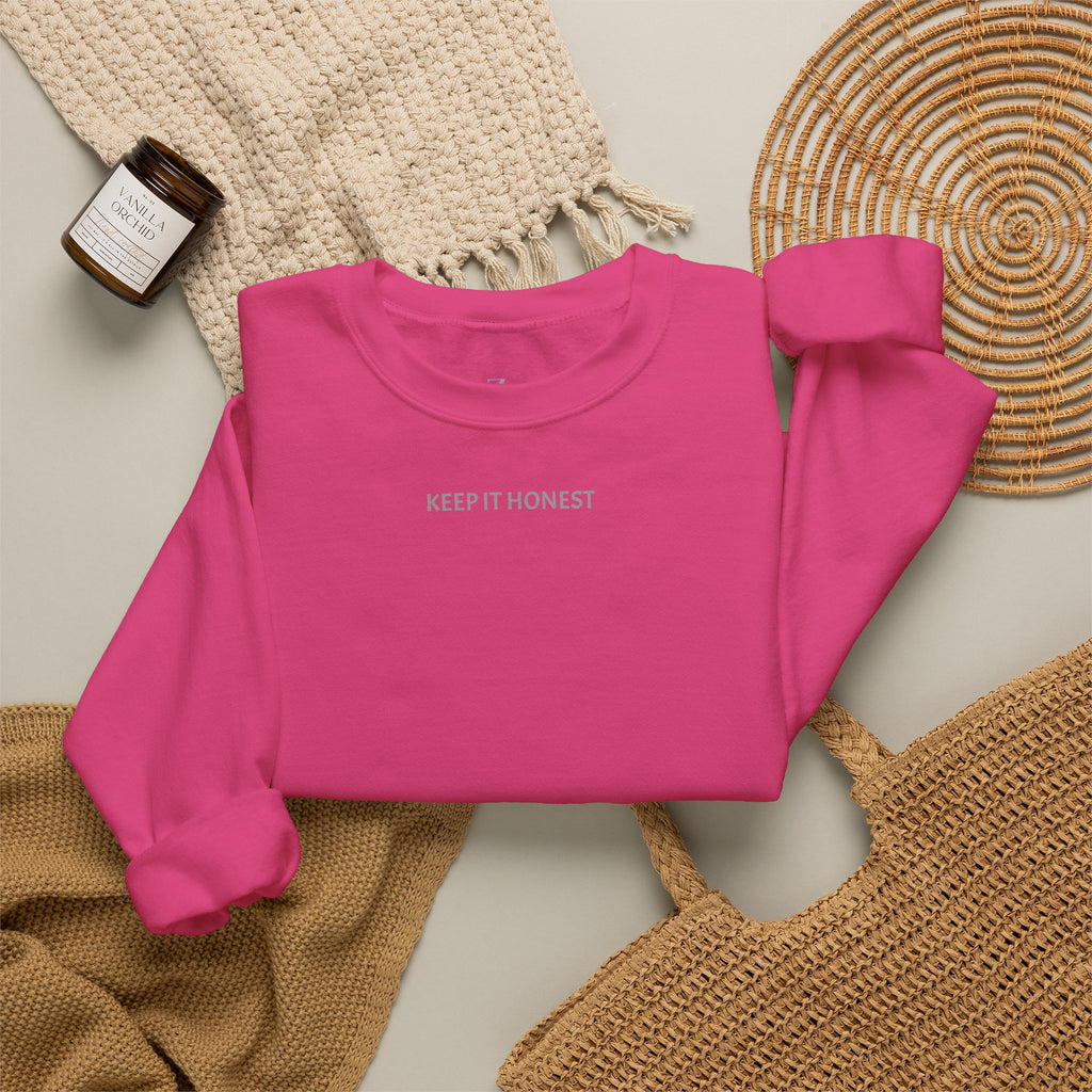 Crewneck Sweatshirt - Minimal "Keep It Honest" Chest Text, Cozy White Casual Pullover