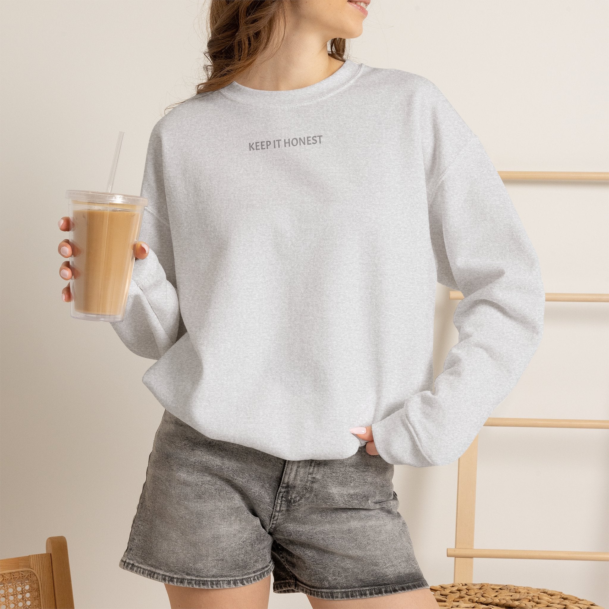 Crewneck Sweatshirt - Minimal "Keep It Honest" Chest Text, Cozy White Casual Pullover