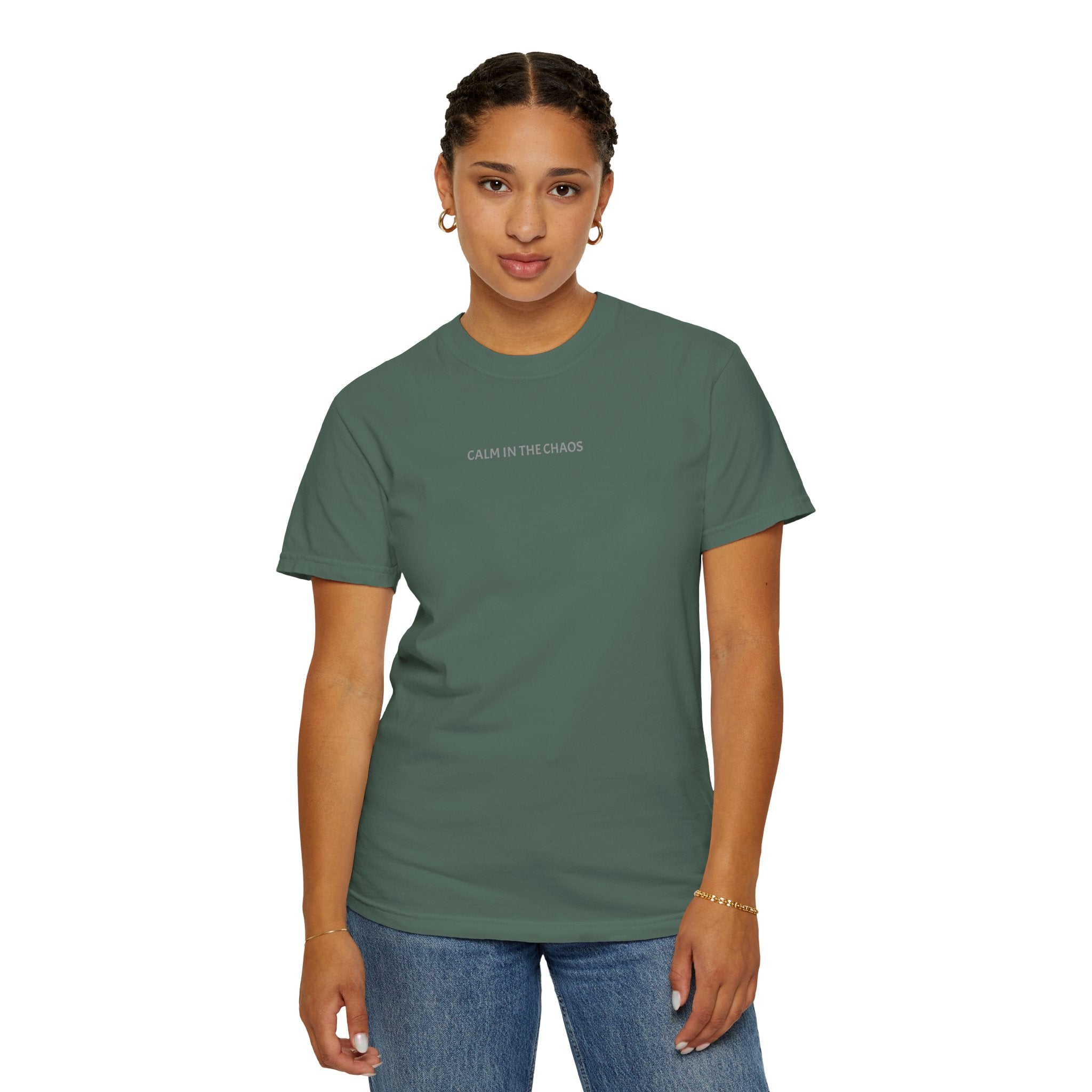 Calm in the Chaos T-Shirt — Minimalist White Tee with Subtle Text