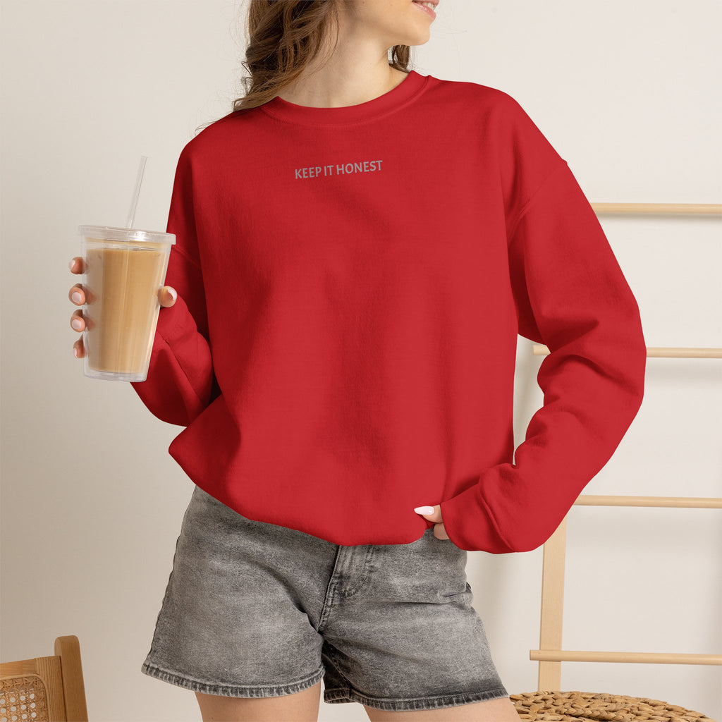 Crewneck Sweatshirt - Minimal "Keep It Honest" Chest Text, Cozy White Casual Pullover