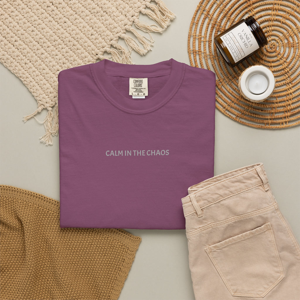 Calm in the Chaos T-Shirt — Minimalist White Tee with Subtle Text