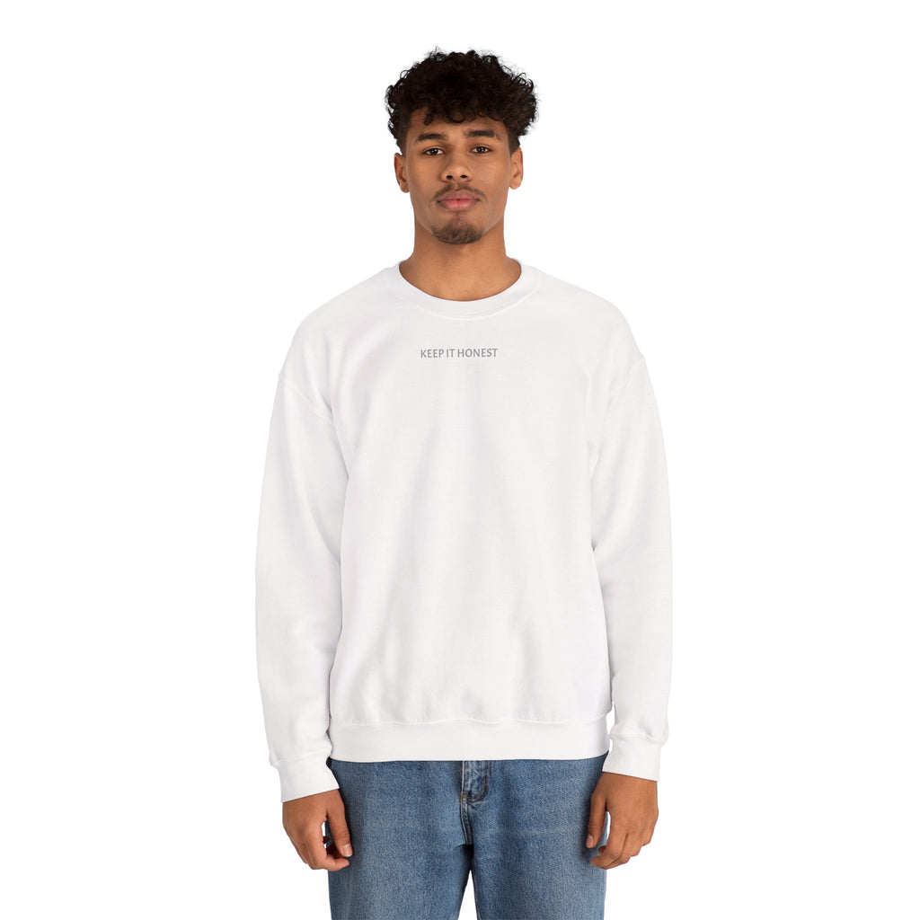 Crewneck Sweatshirt - Minimal "Keep It Honest" Chest Text, Cozy White Casual Pullover