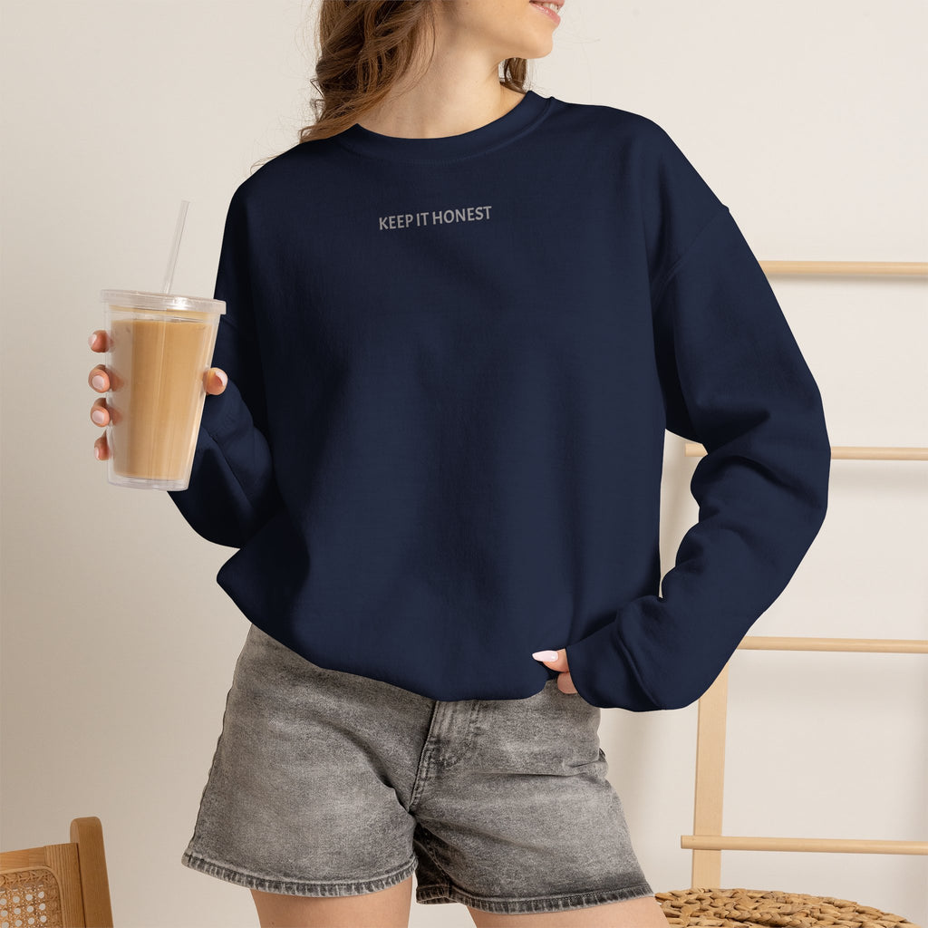 Crewneck Sweatshirt - Minimal "Keep It Honest" Chest Text, Cozy White Casual Pullover