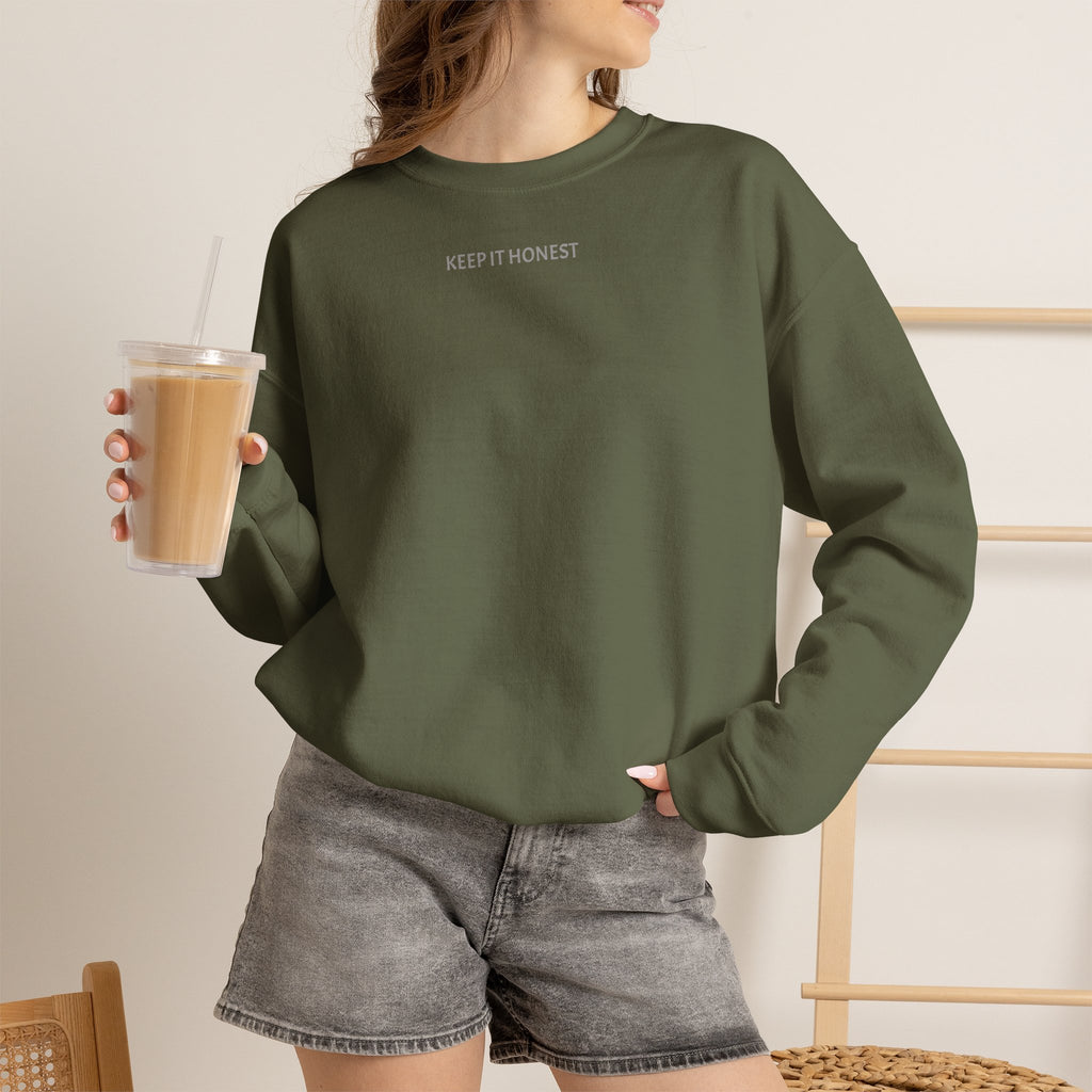 Crewneck Sweatshirt - Minimal "Keep It Honest" Chest Text, Cozy White Casual Pullover