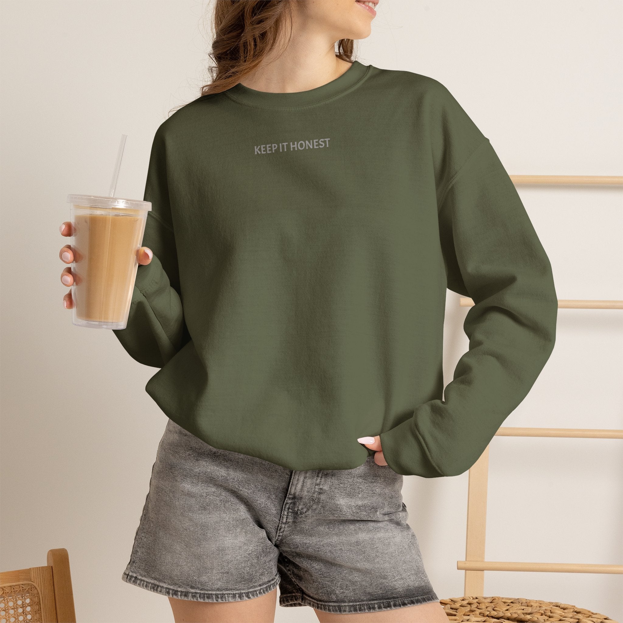 Crewneck Sweatshirt - Minimal "Keep It Honest" Chest Text, Cozy White Casual Pullover