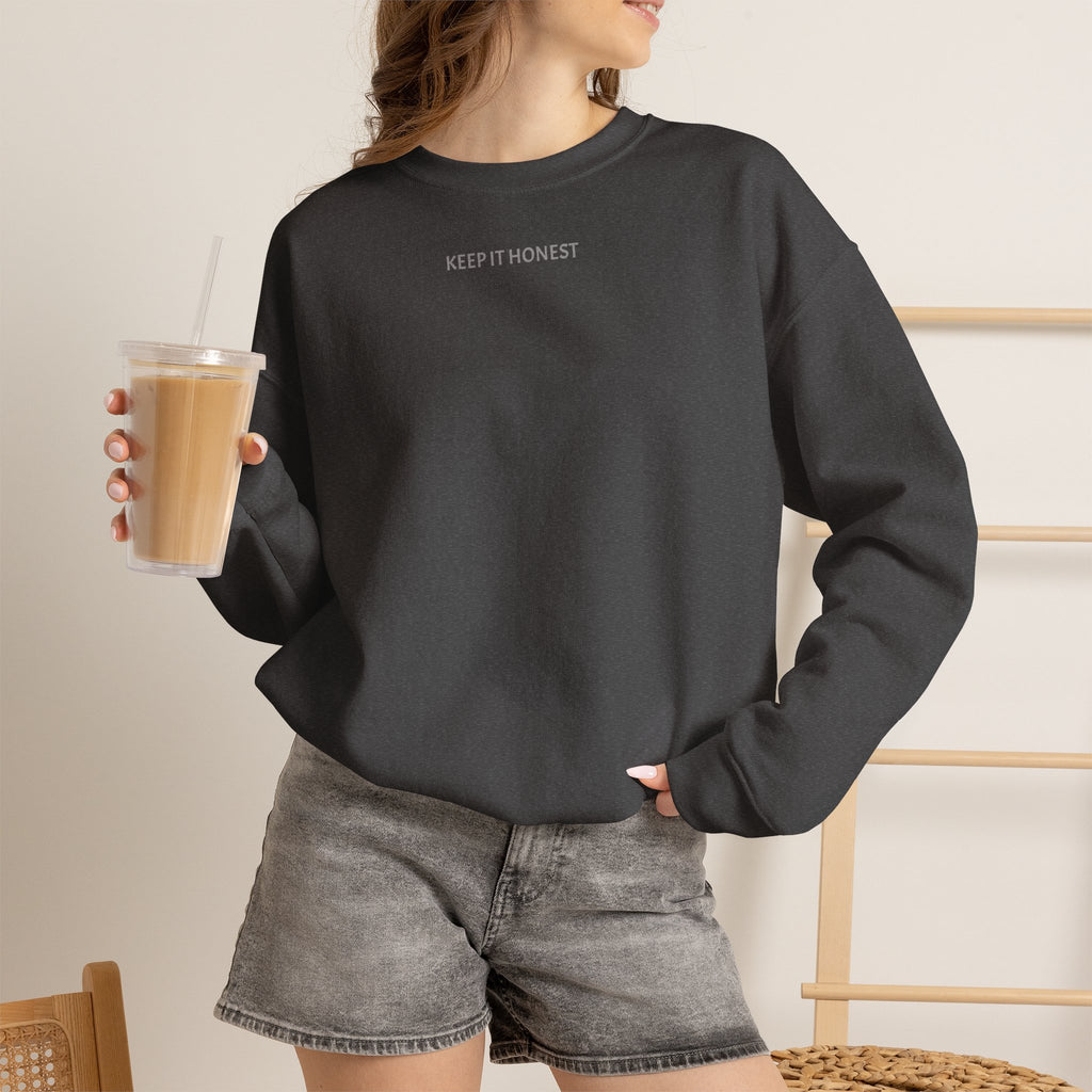 Crewneck Sweatshirt - Minimal "Keep It Honest" Chest Text, Cozy White Casual Pullover