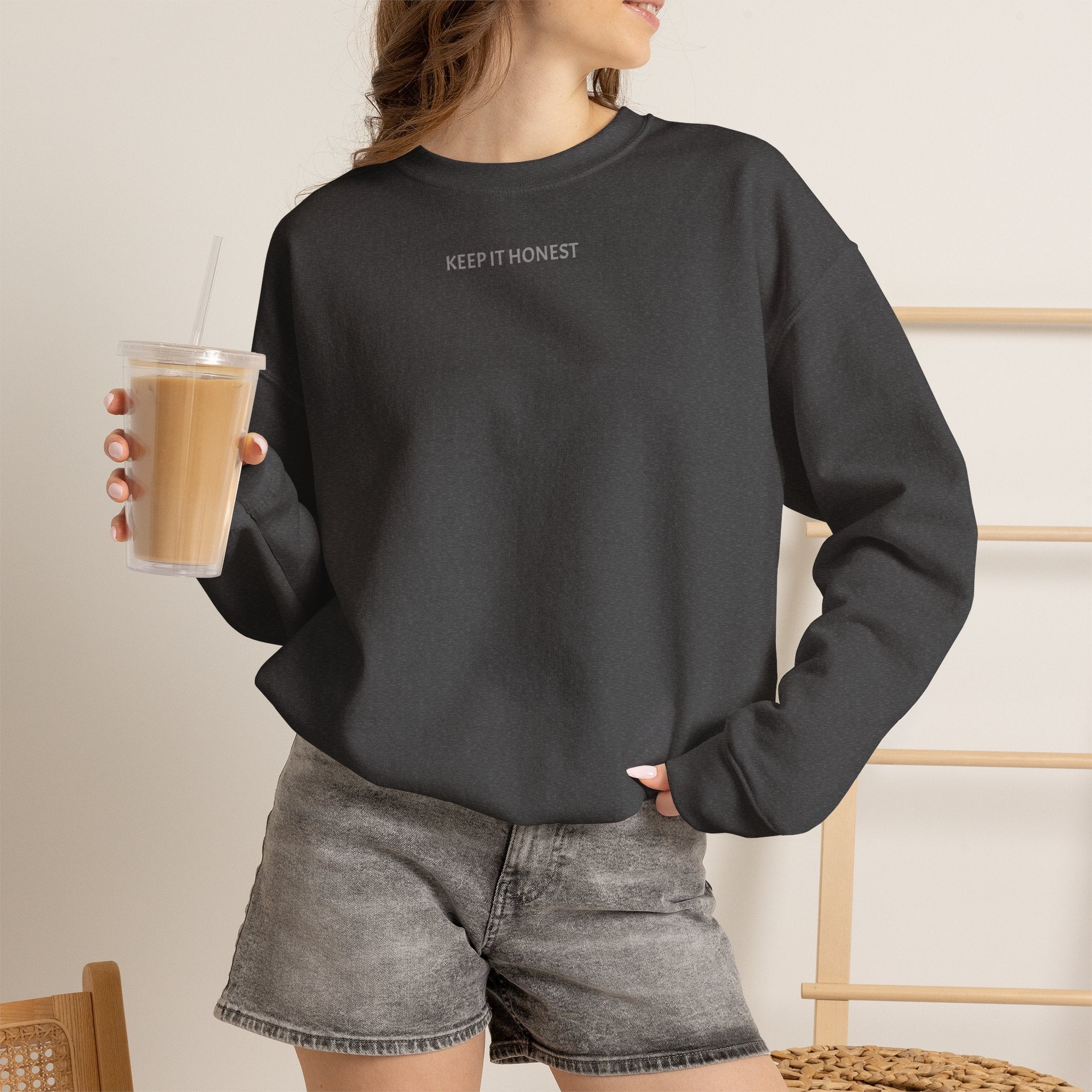 Crewneck Sweatshirt - Minimal "Keep It Honest" Chest Text, Cozy White Casual Pullover