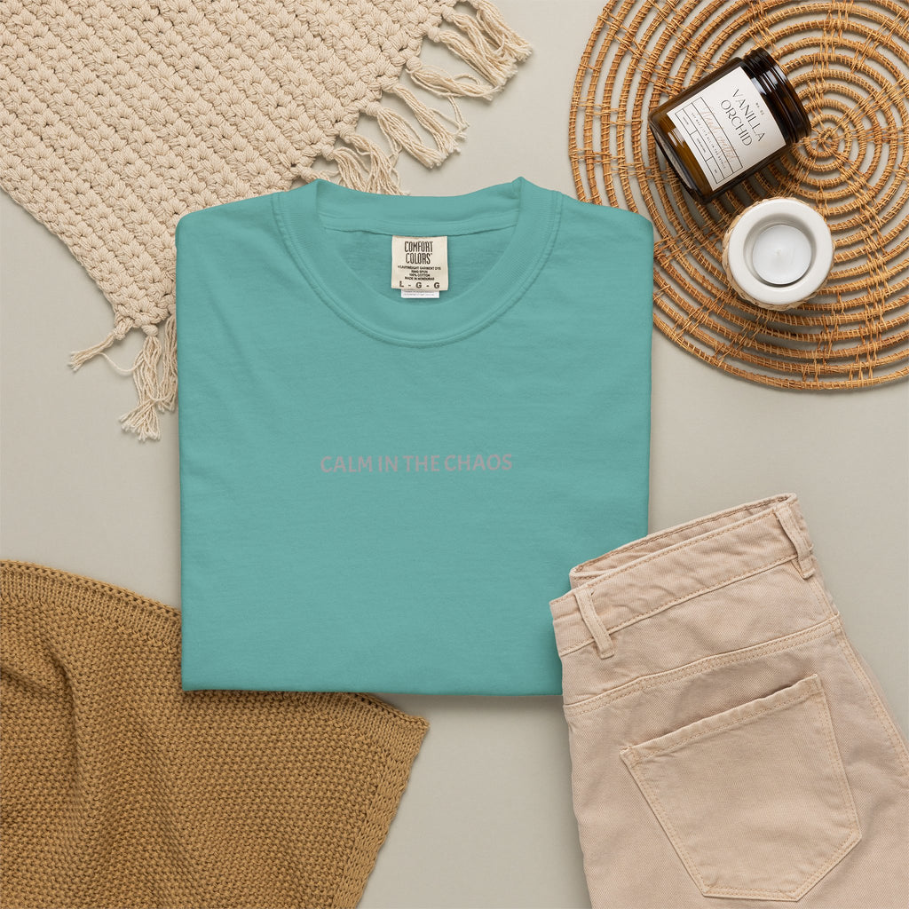 Calm in the Chaos T-Shirt — Minimalist White Tee with Subtle Text