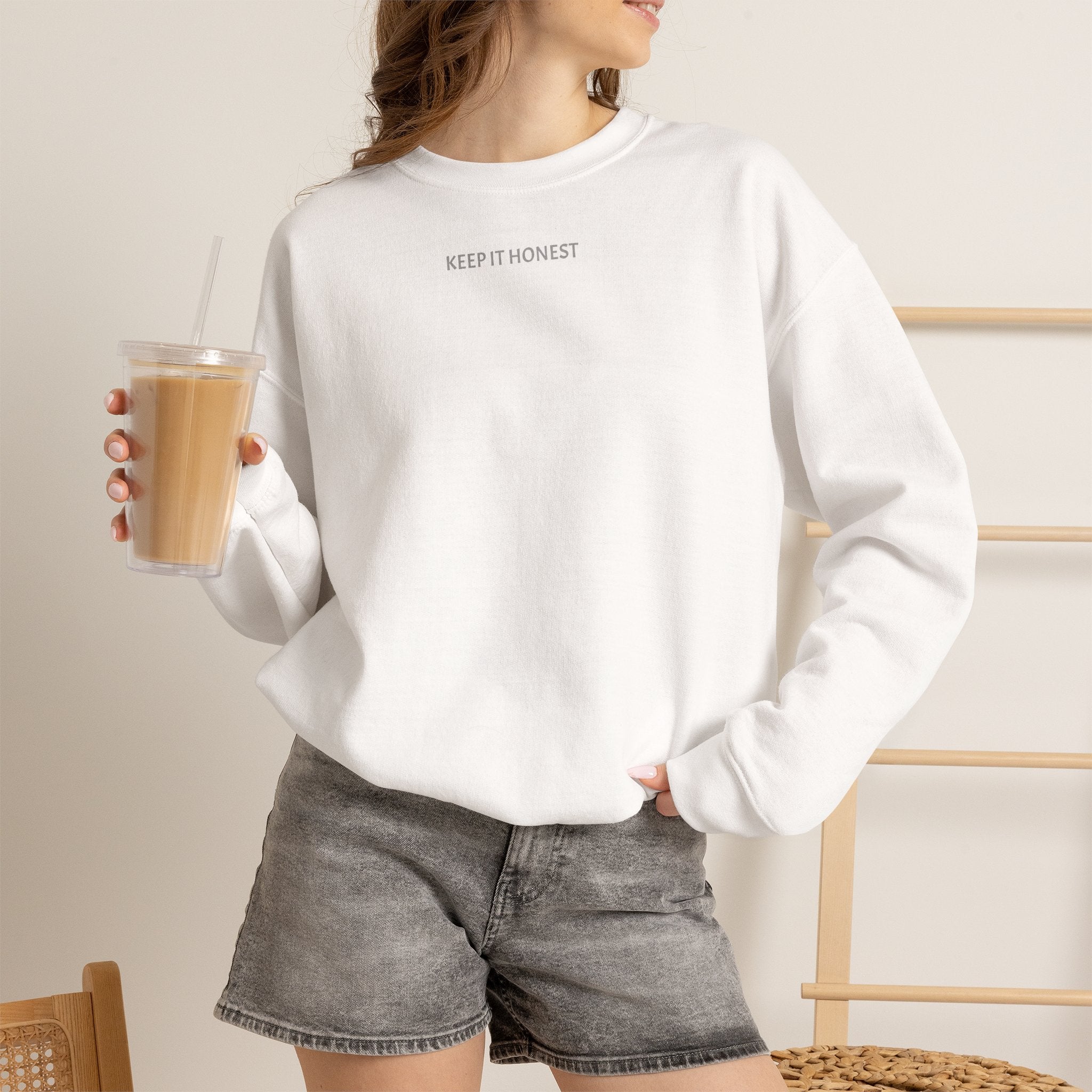 Crewneck Sweatshirt - Minimal "Keep It Honest" Chest Text, Cozy White Casual Pullover