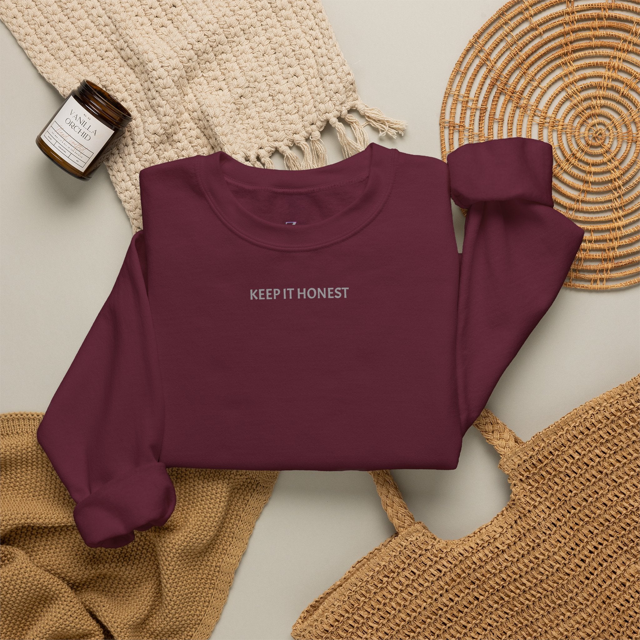 Crewneck Sweatshirt - Minimal "Keep It Honest" Chest Text, Cozy White Casual Pullover