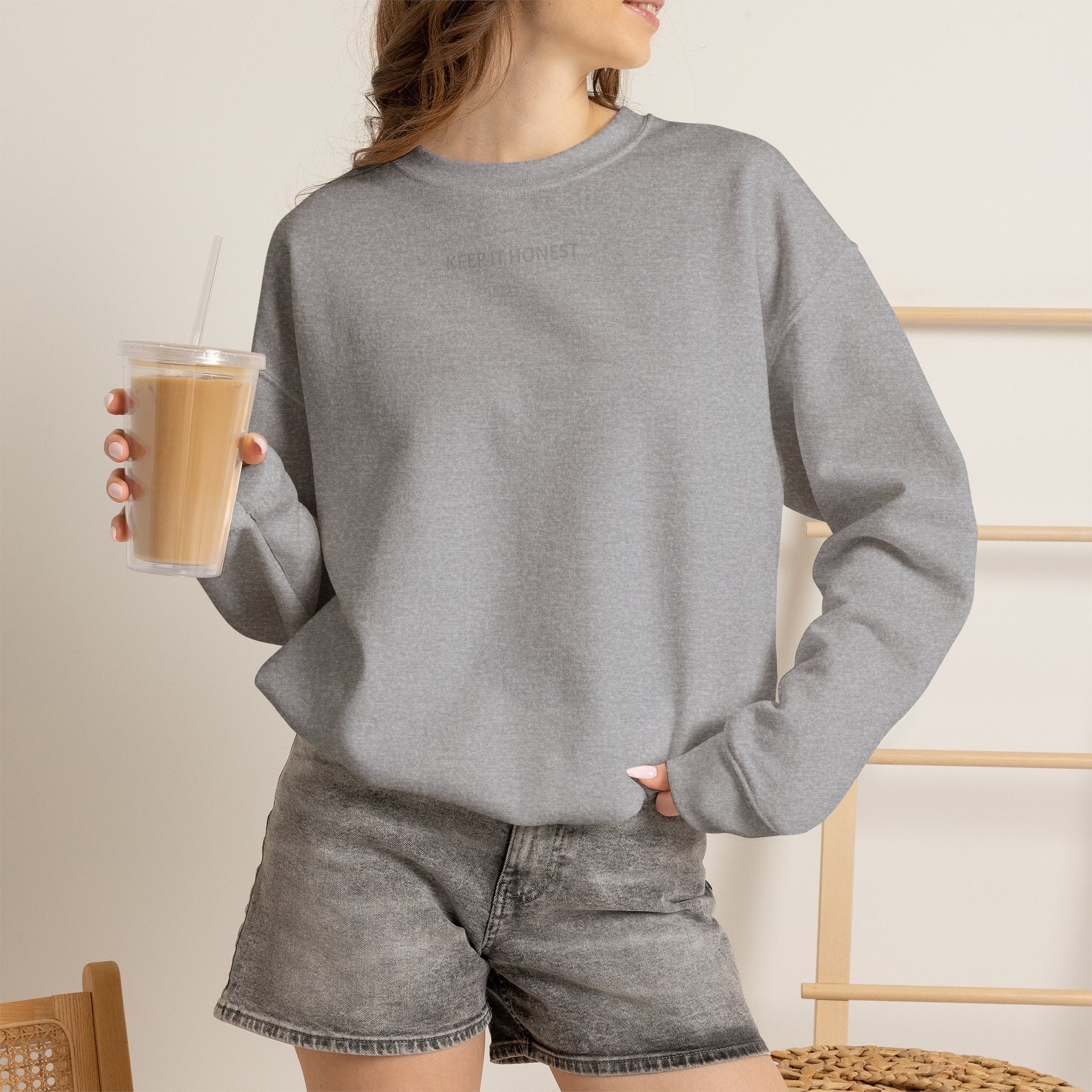 Crewneck Sweatshirt - Minimal "Keep It Honest" Chest Text, Cozy White Casual Pullover