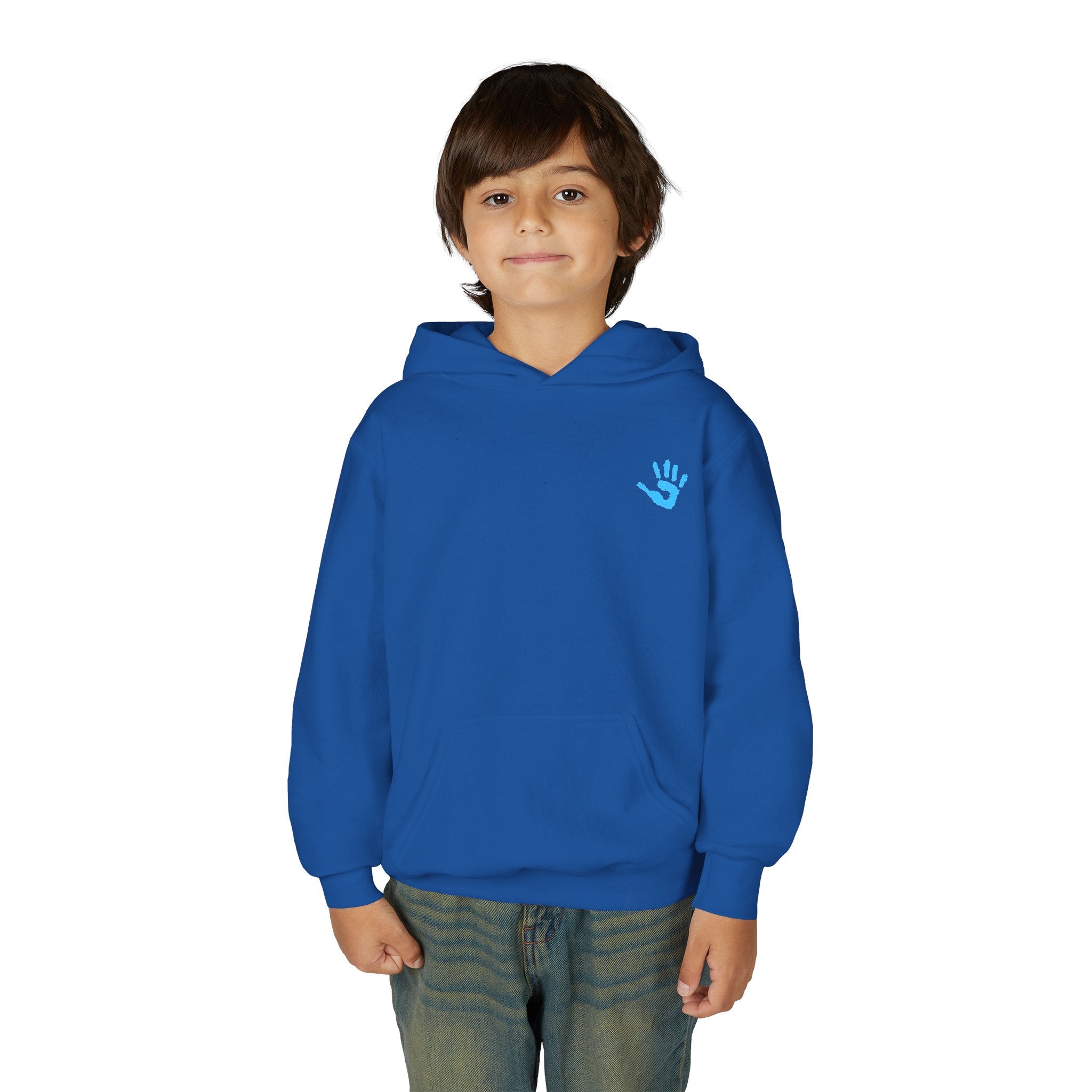 Youth Hoodie with Blue Handprint Chest Logo - Kids Casual Pullover