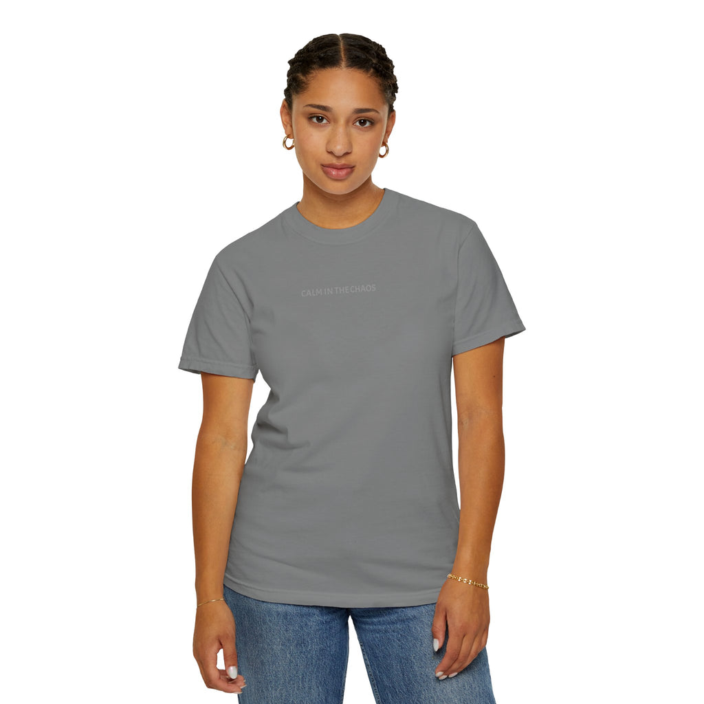 Calm in the Chaos T-Shirt — Minimalist White Tee with Subtle Text