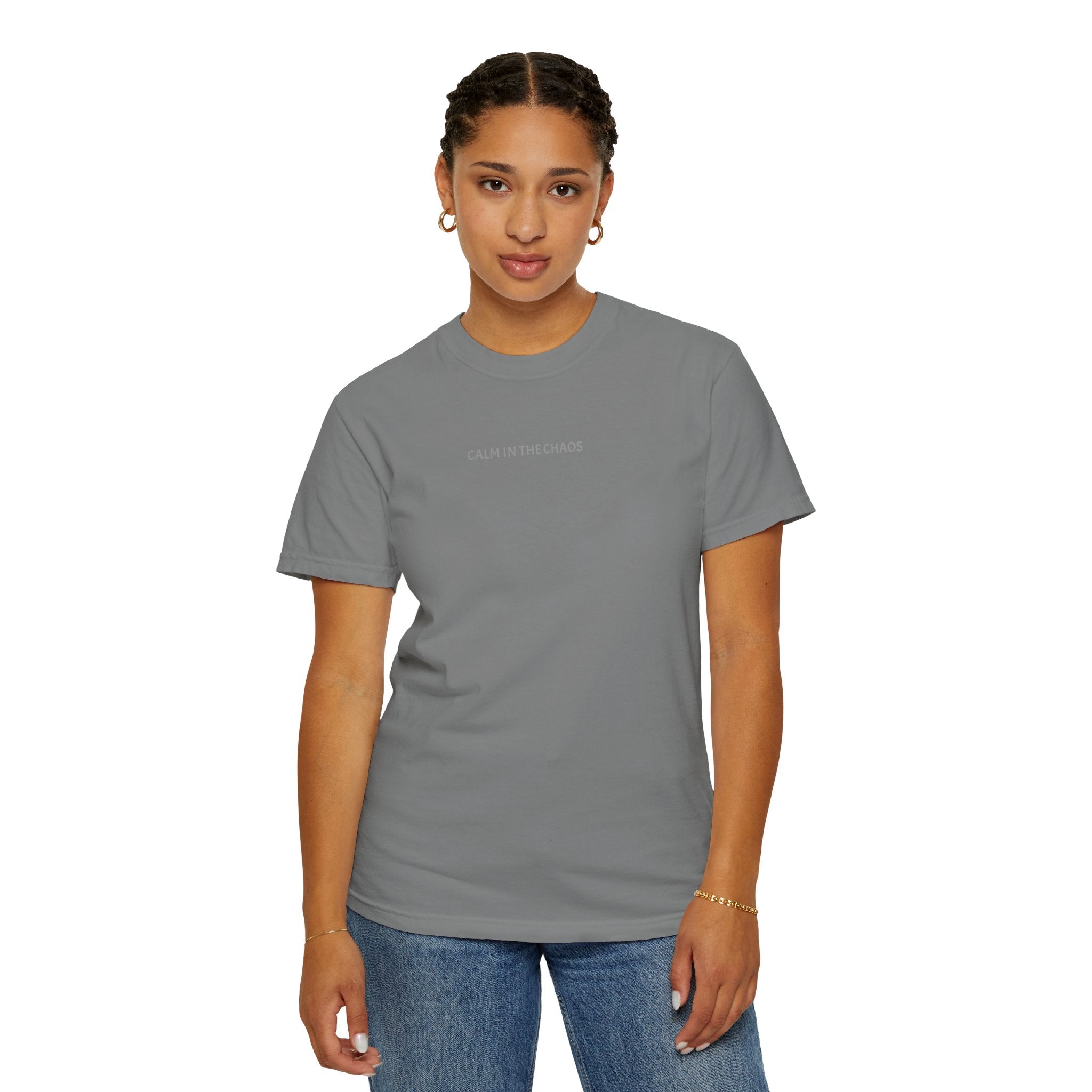 Calm in the Chaos T-Shirt — Minimalist White Tee with Subtle Text