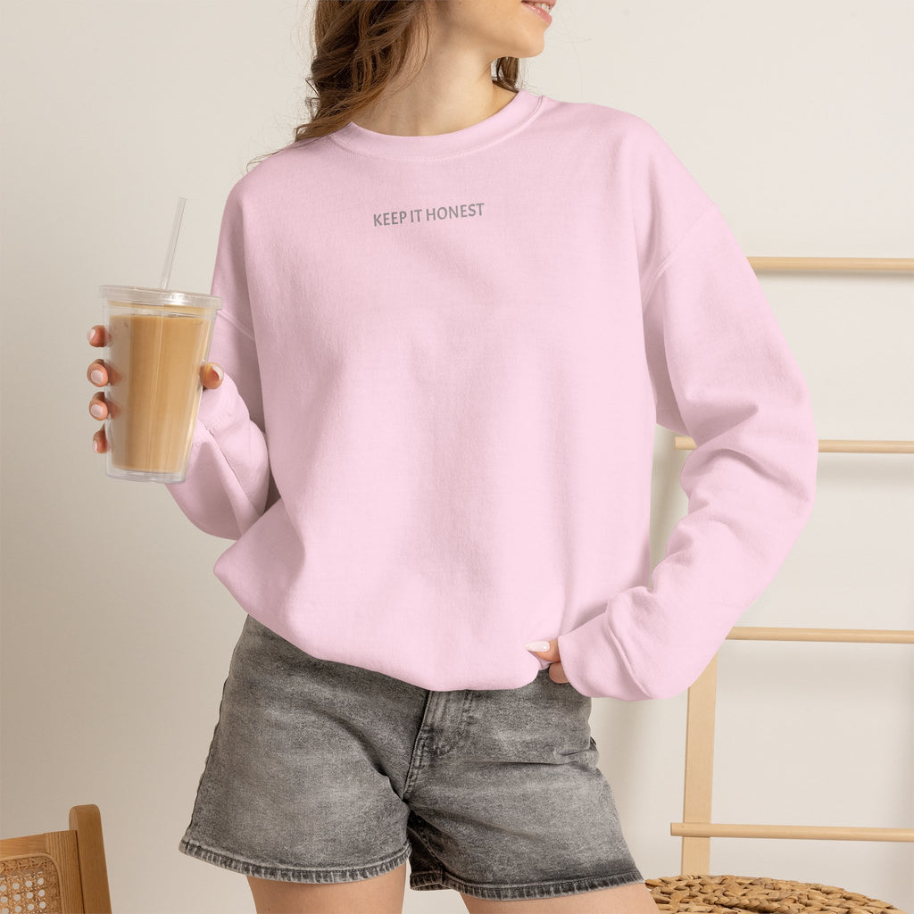Crewneck Sweatshirt - Minimal "Keep It Honest" Chest Text, Cozy White Casual Pullover