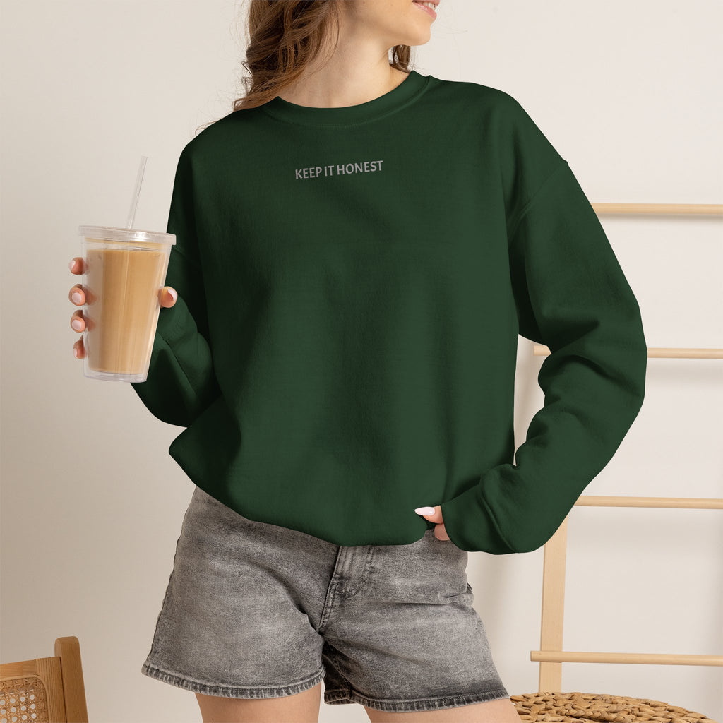 Crewneck Sweatshirt - Minimal "Keep It Honest" Chest Text, Cozy White Casual Pullover