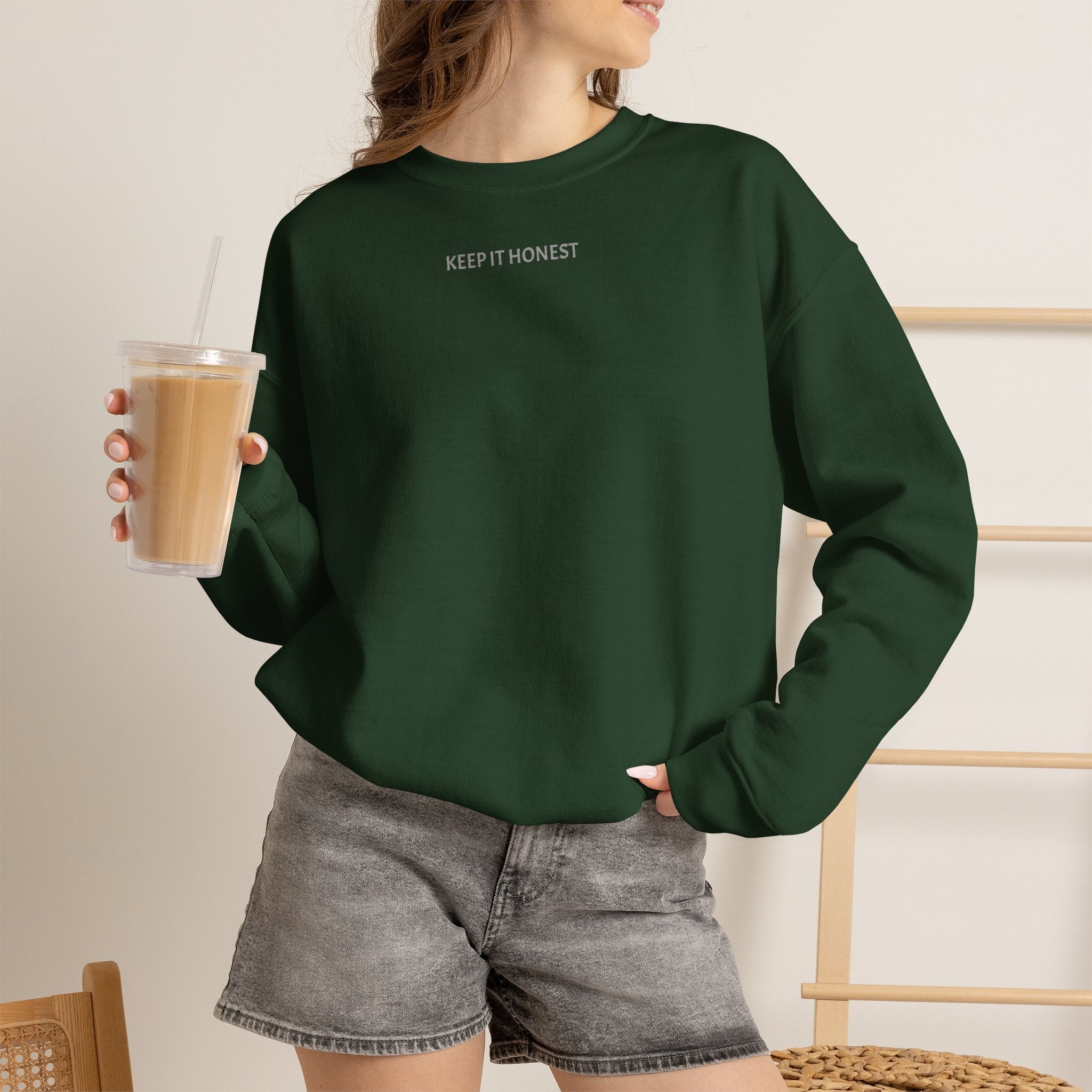 Crewneck Sweatshirt - Minimal "Keep It Honest" Chest Text, Cozy White Casual Pullover