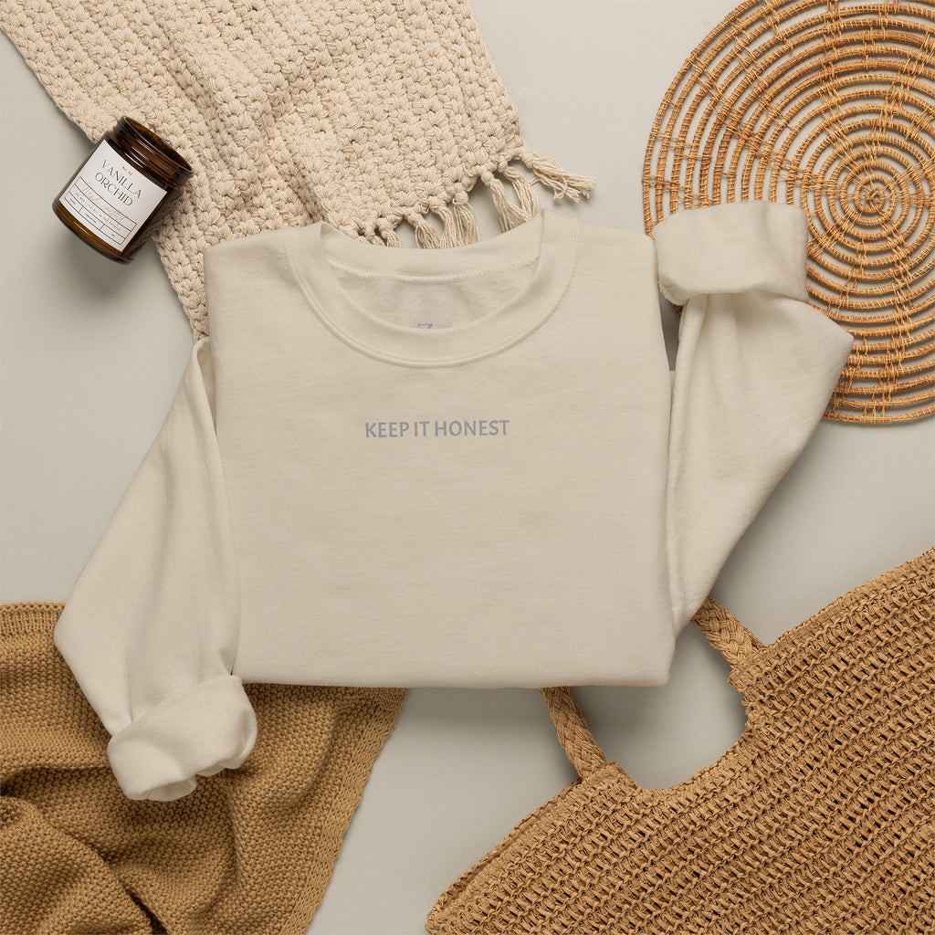 Crewneck Sweatshirt - Minimal "Keep It Honest" Chest Text, Cozy White Casual Pullover