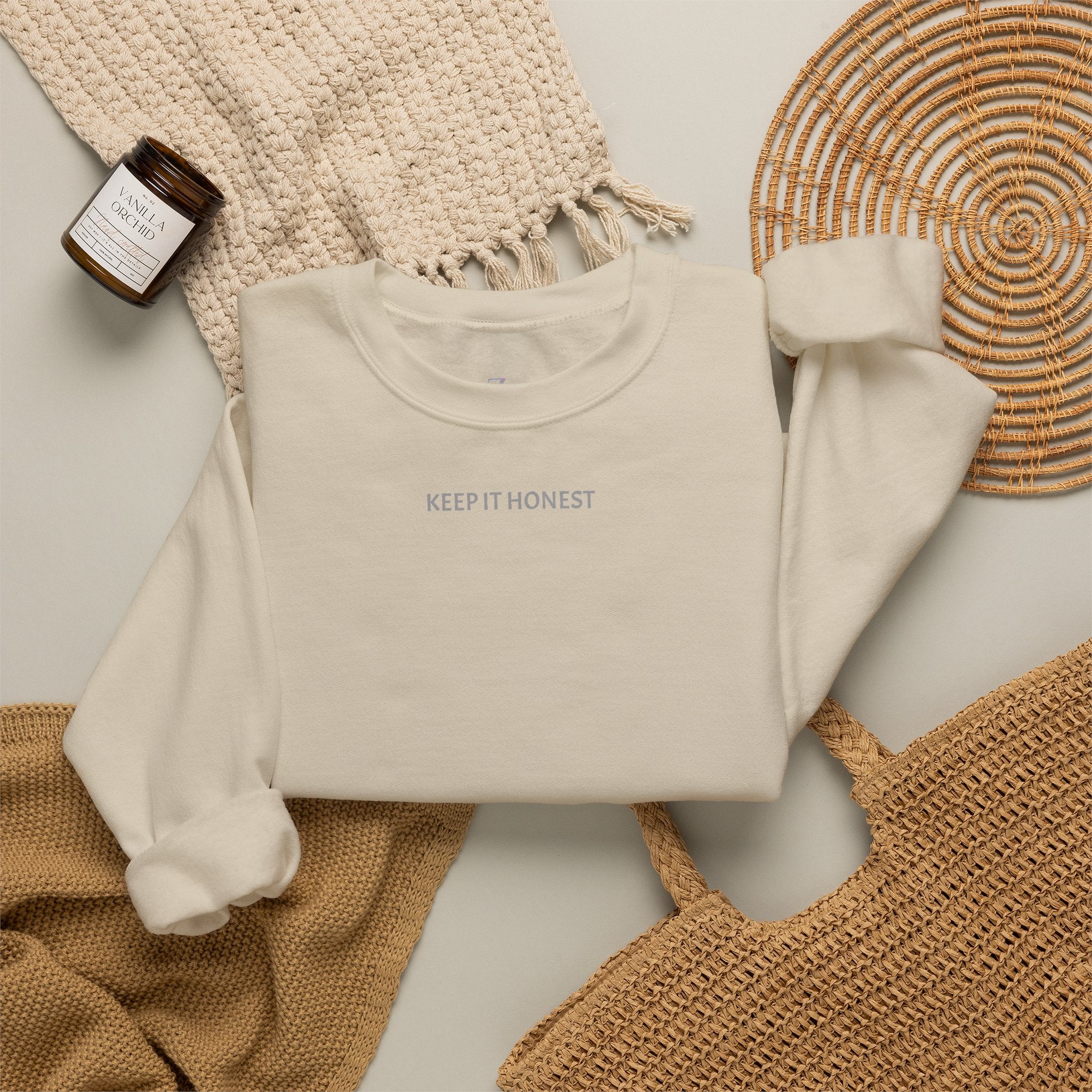 Crewneck Sweatshirt - Minimal "Keep It Honest" Chest Text, Cozy White Casual Pullover