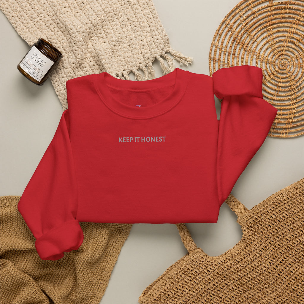 Crewneck Sweatshirt - Minimal "Keep It Honest" Chest Text, Cozy White Casual Pullover