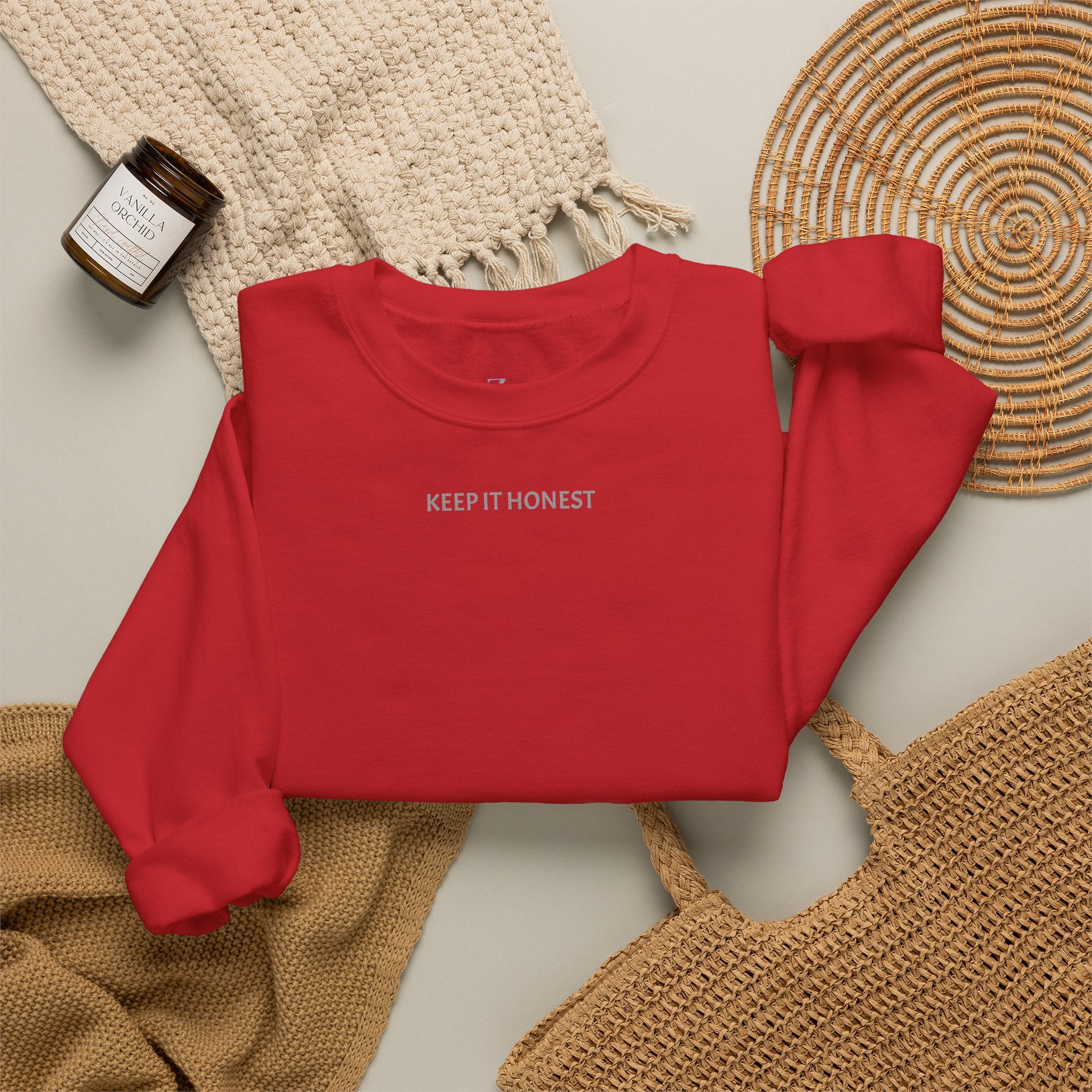 Crewneck Sweatshirt - Minimal "Keep It Honest" Chest Text, Cozy White Casual Pullover