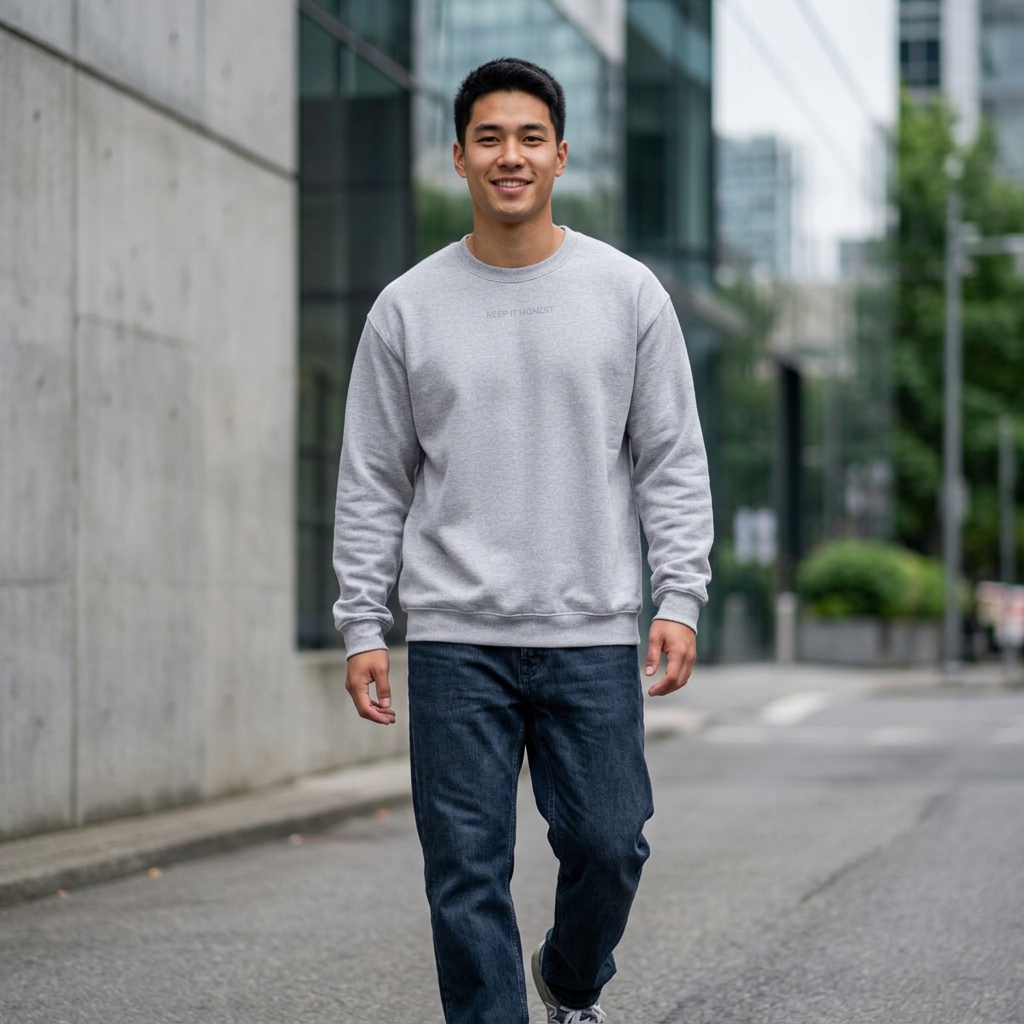 Crewneck Sweatshirt - Minimal "Keep It Honest" Chest Text, Cozy White Casual Pullover