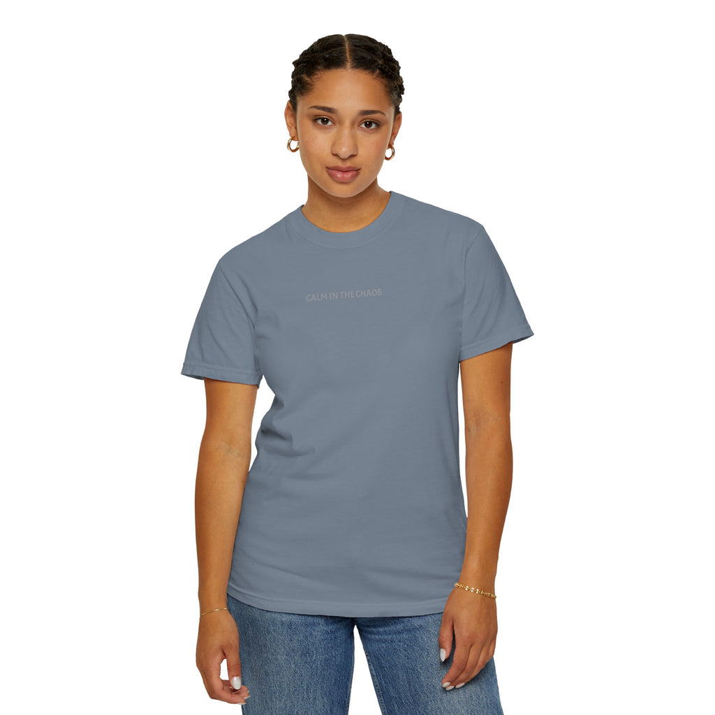 Calm in the Chaos T-Shirt — Minimalist White Tee with Subtle Text