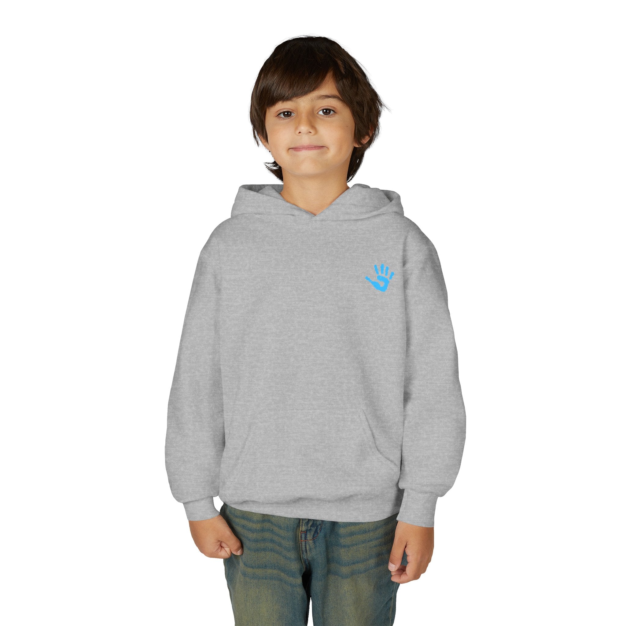 Youth Hoodie with Blue Handprint Chest Logo - Kids Casual Pullover