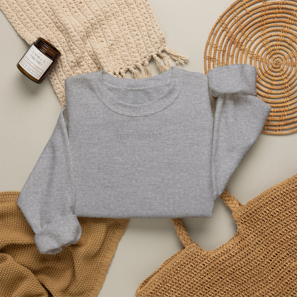 Crewneck Sweatshirt - Minimal "Keep It Honest" Chest Text, Cozy White Casual Pullover