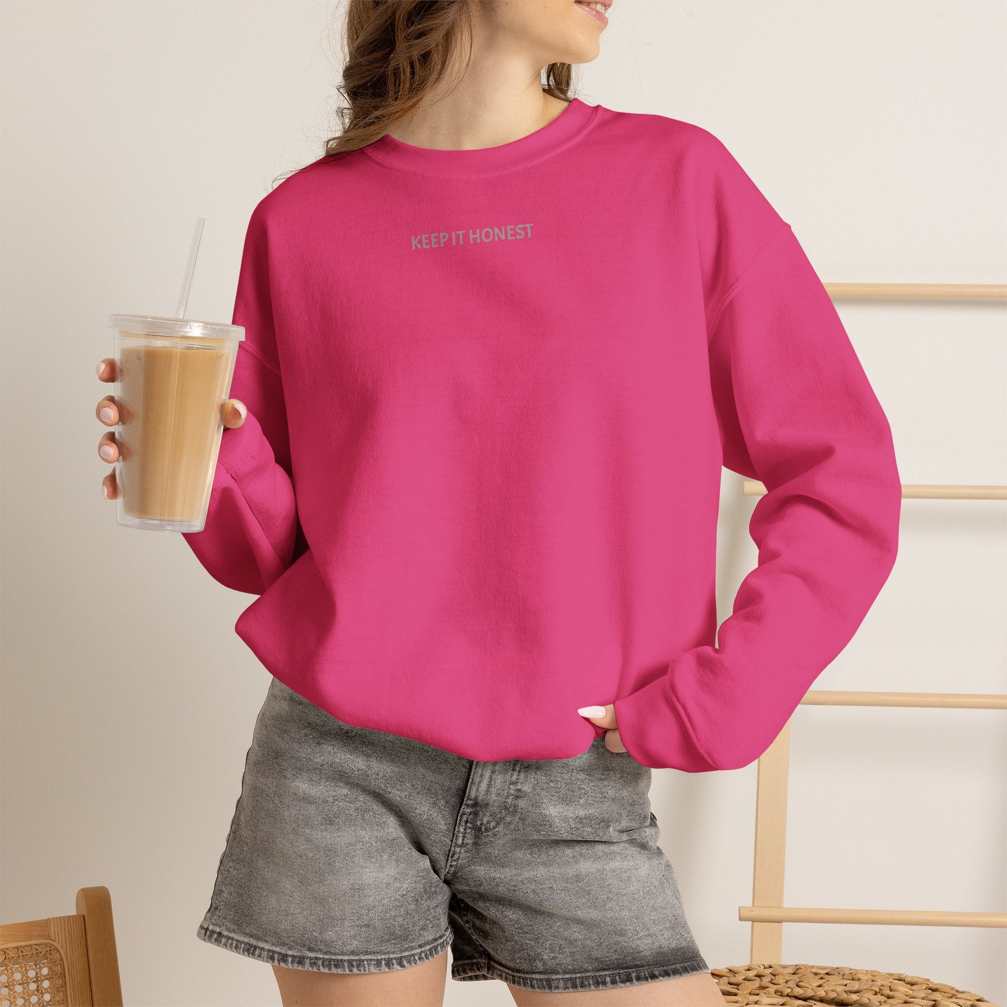 Crewneck Sweatshirt - Minimal "Keep It Honest" Chest Text, Cozy White Casual Pullover