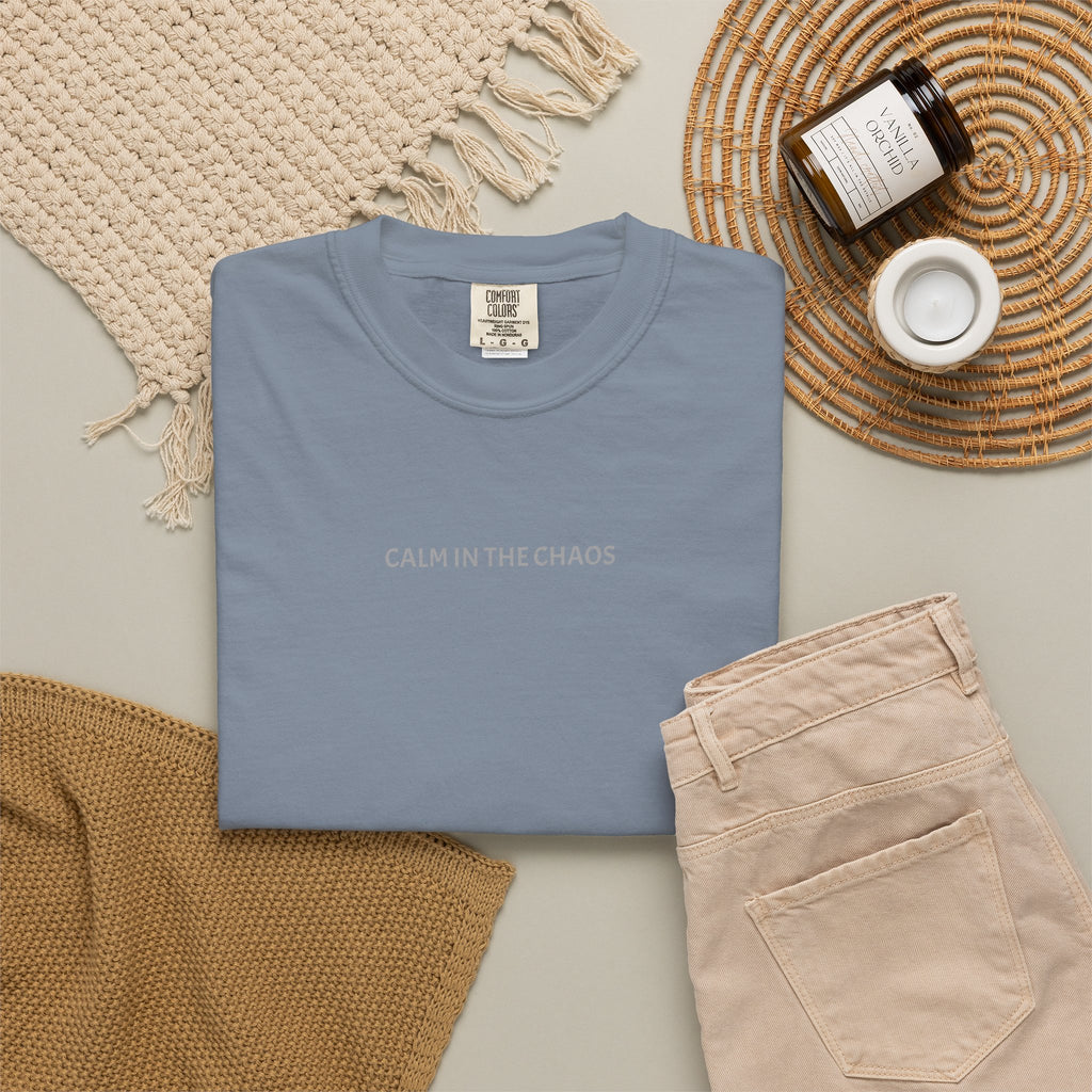 Calm in the Chaos T-Shirt — Minimalist White Tee with Subtle Text