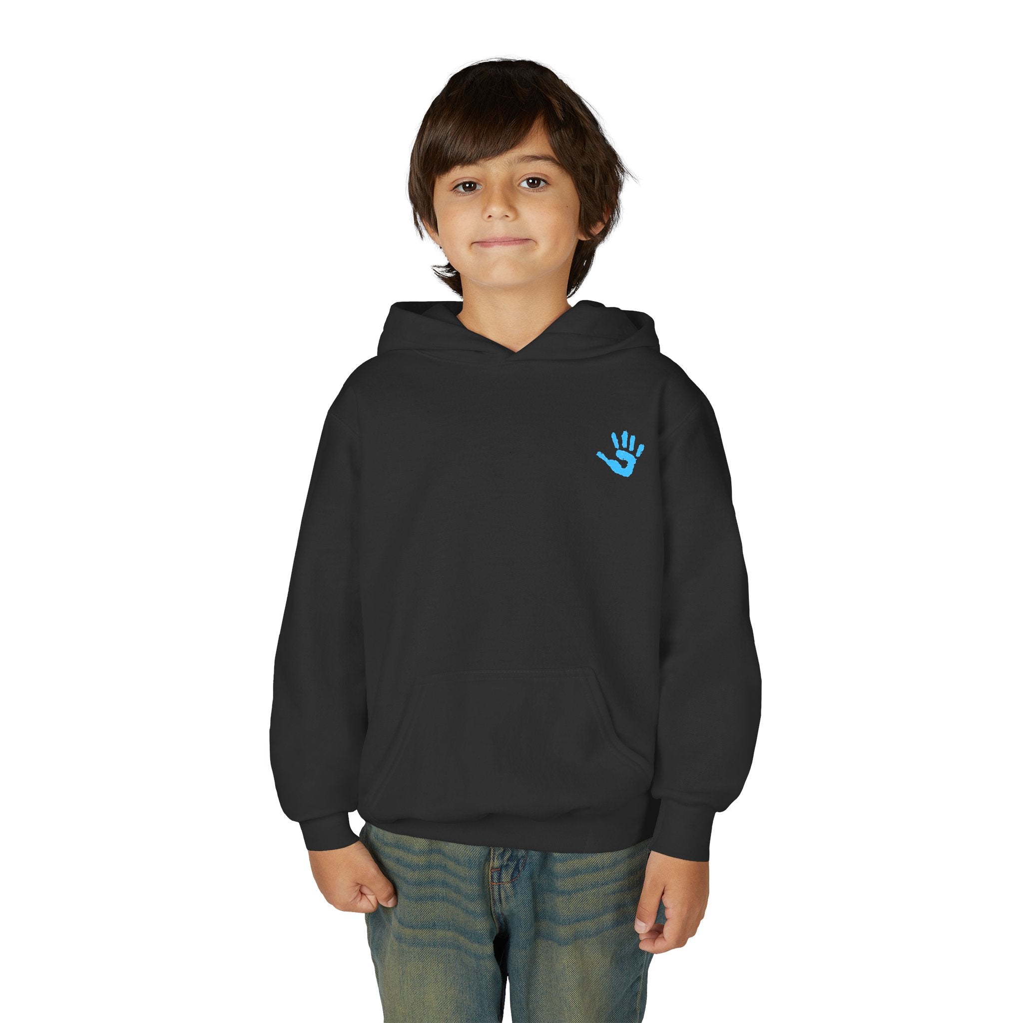 Youth Hoodie with Blue Handprint Chest Logo - Kids Casual Pullover
