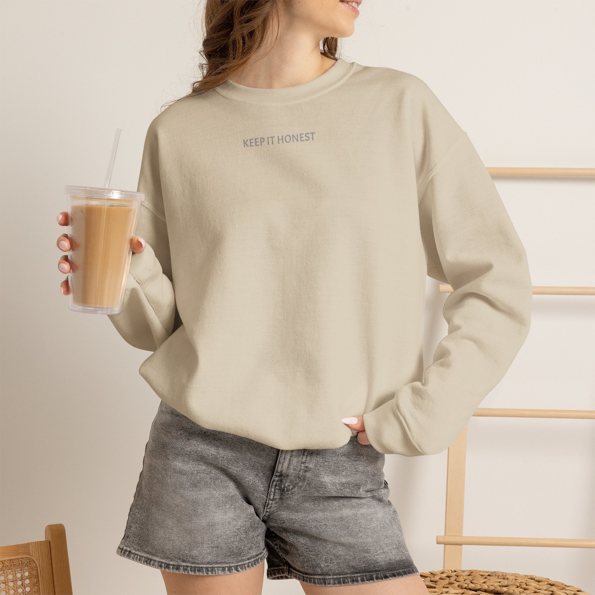 Crewneck Sweatshirt - Minimal "Keep It Honest" Chest Text, Cozy White Casual Pullover