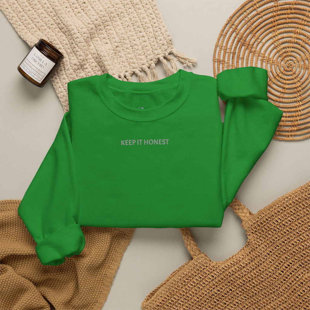 Crewneck Sweatshirt - Minimal "Keep It Honest" Chest Text, Cozy White Casual Pullover
