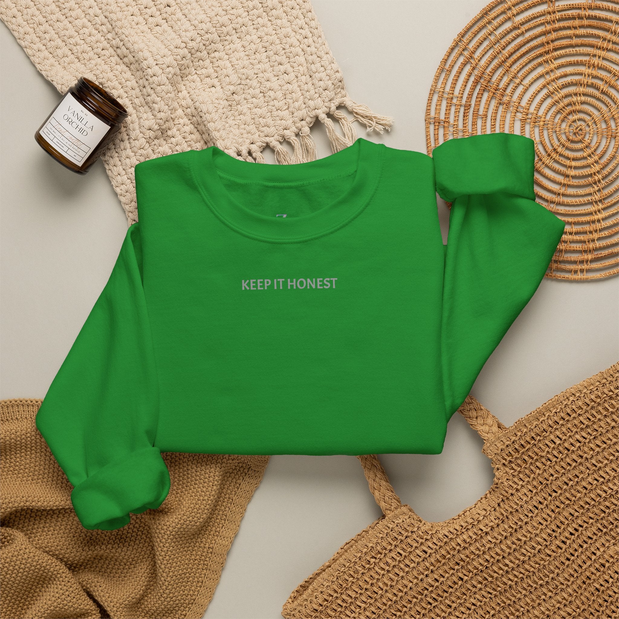 Crewneck Sweatshirt - Minimal "Keep It Honest" Chest Text, Cozy White Casual Pullover