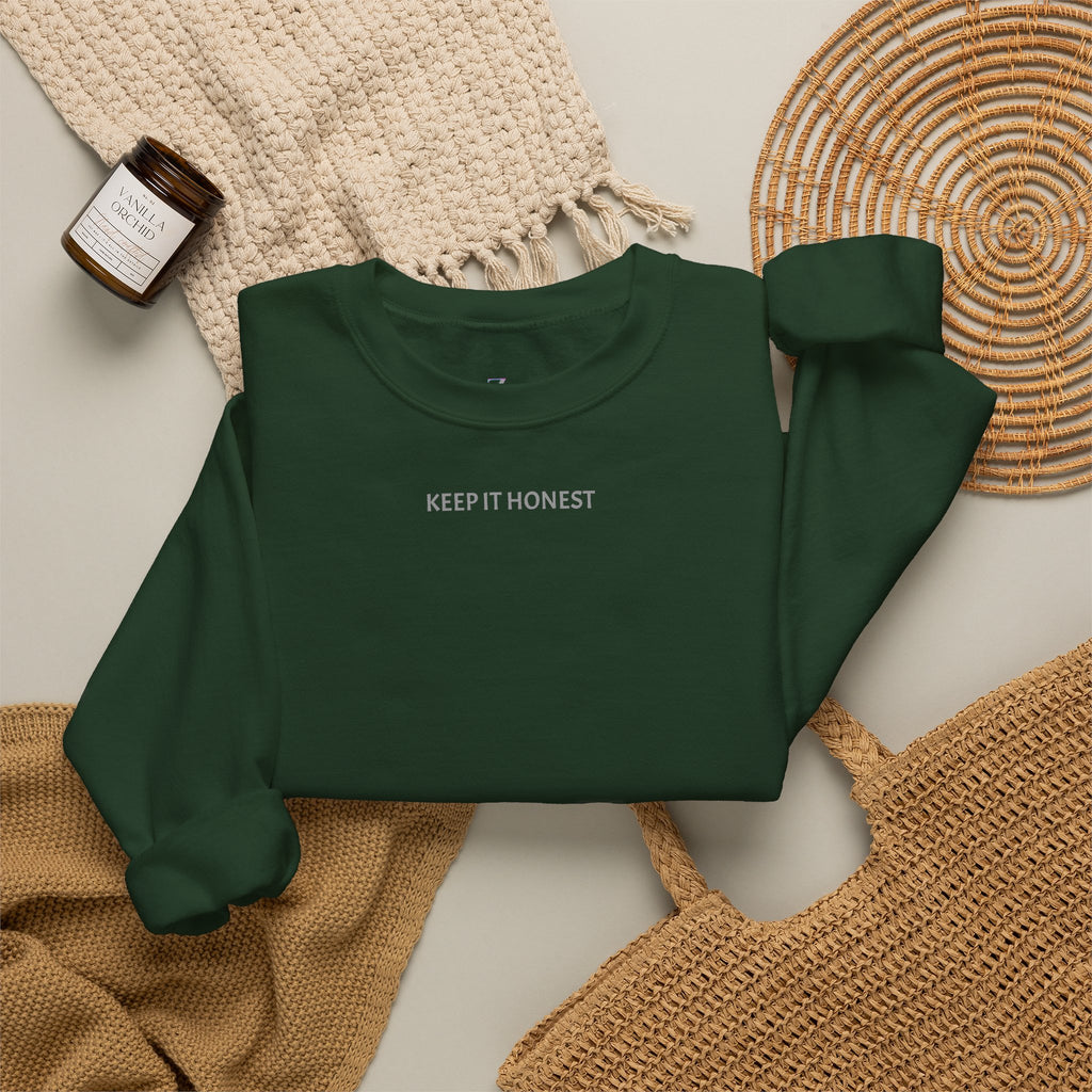 Crewneck Sweatshirt - Minimal "Keep It Honest" Chest Text, Cozy White Casual Pullover