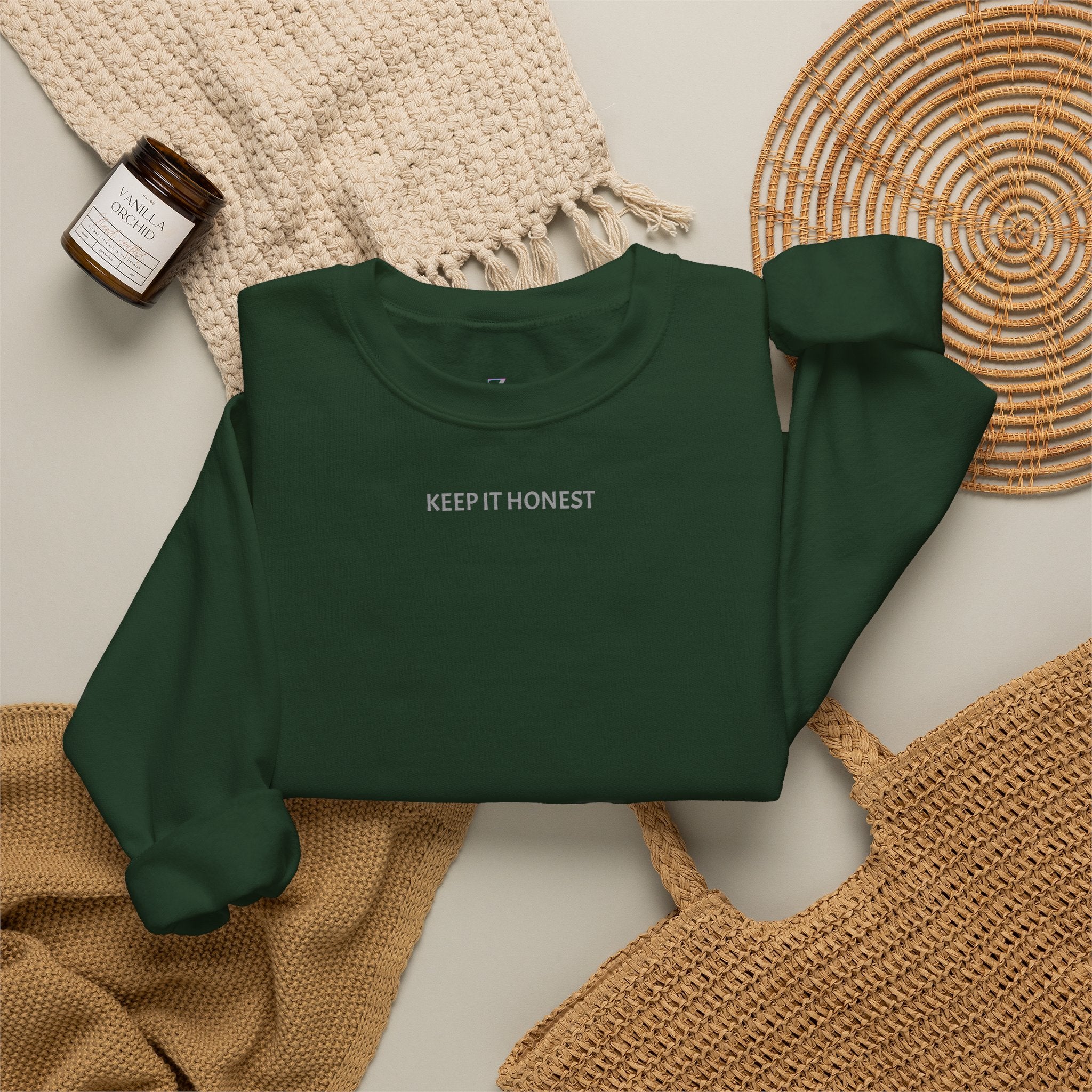 Crewneck Sweatshirt - Minimal "Keep It Honest" Chest Text, Cozy White Casual Pullover