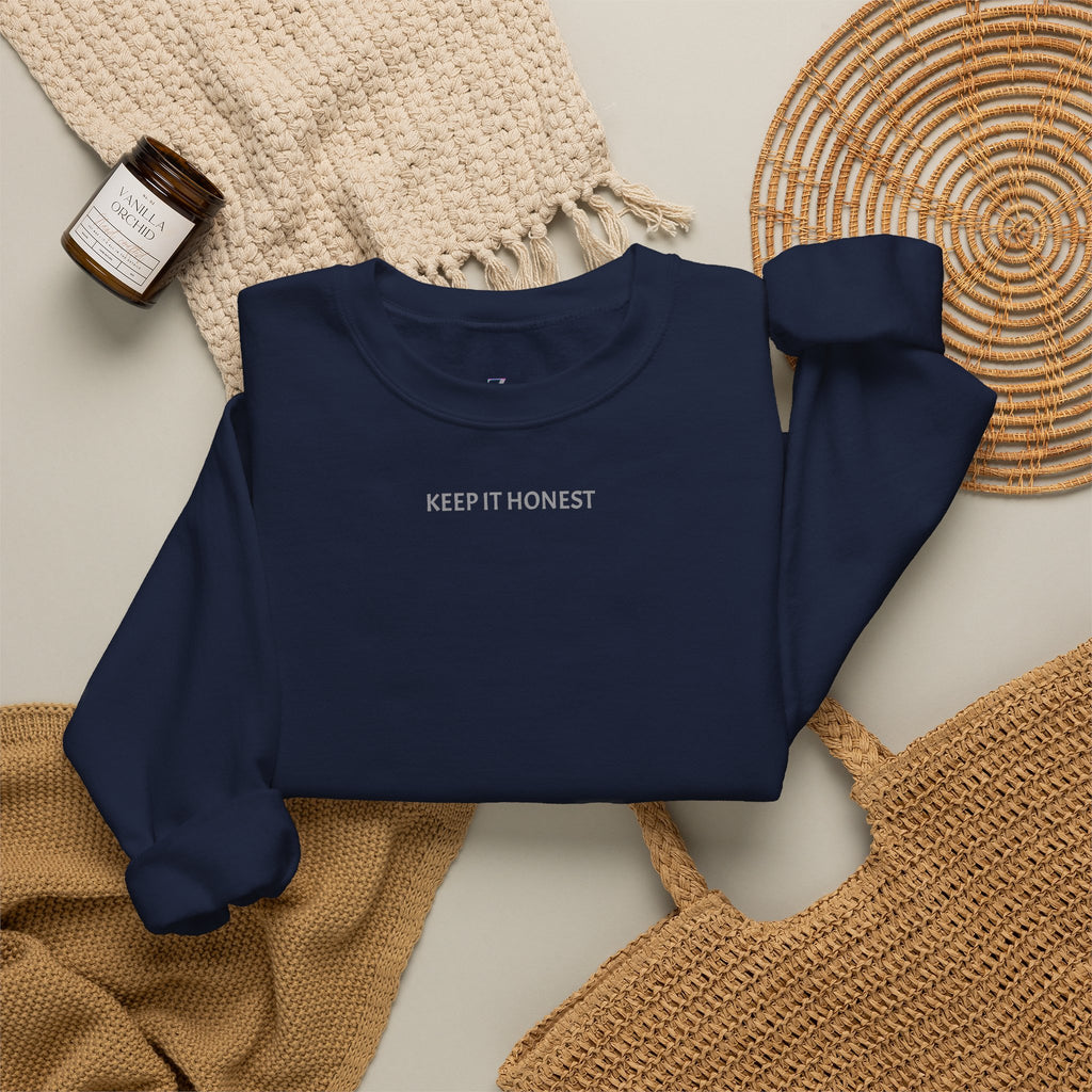 Crewneck Sweatshirt - Minimal "Keep It Honest" Chest Text, Cozy White Casual Pullover