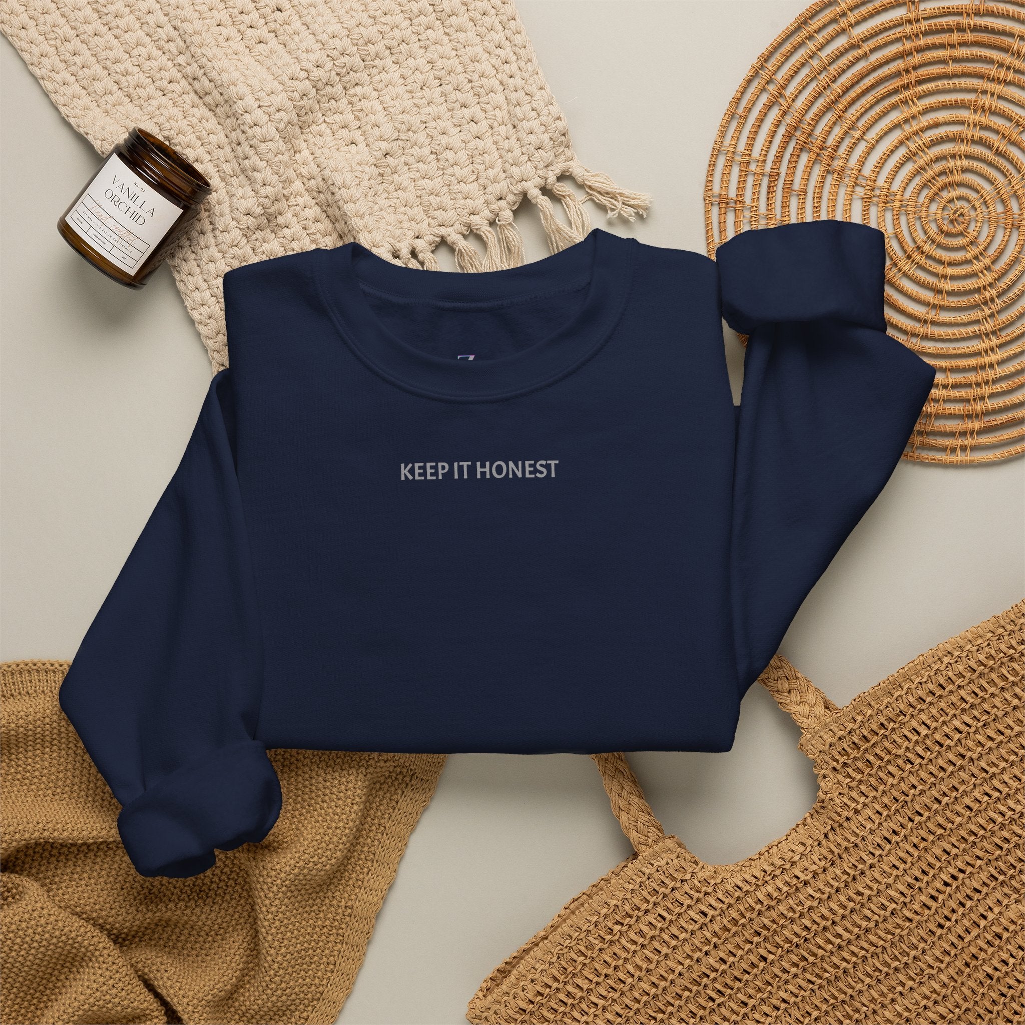 Crewneck Sweatshirt - Minimal "Keep It Honest" Chest Text, Cozy White Casual Pullover