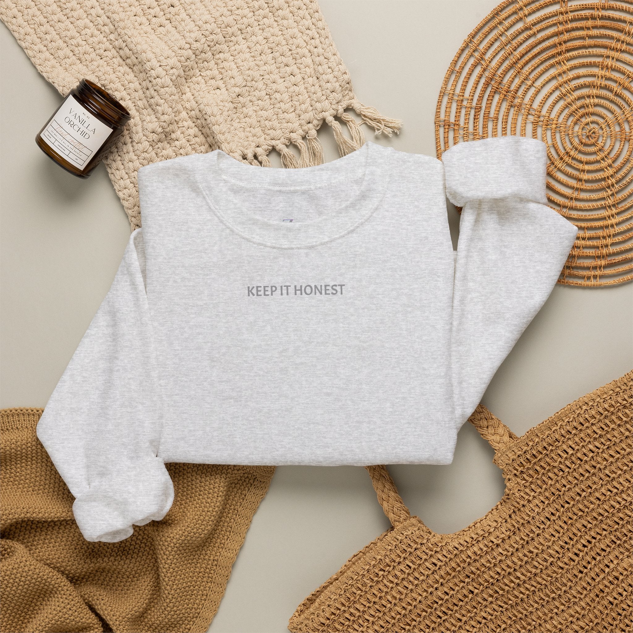 Crewneck Sweatshirt - Minimal "Keep It Honest" Chest Text, Cozy White Casual Pullover
