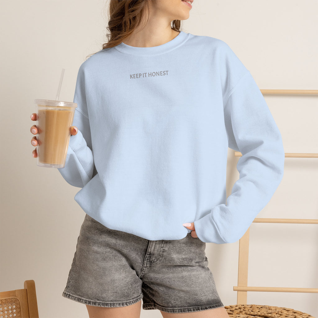 Crewneck Sweatshirt - Minimal "Keep It Honest" Chest Text, Cozy White Casual Pullover