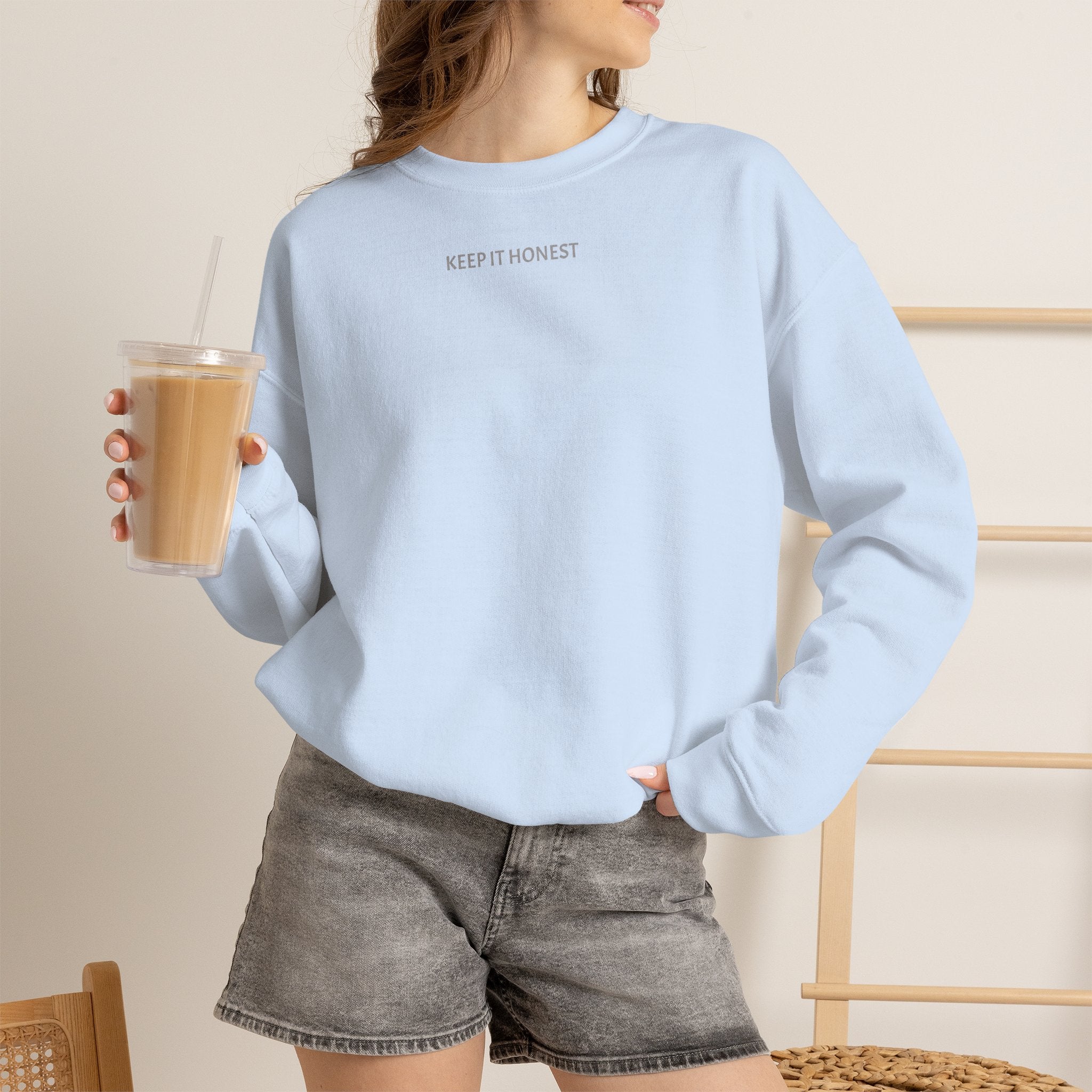 Crewneck Sweatshirt - Minimal "Keep It Honest" Chest Text, Cozy White Casual Pullover