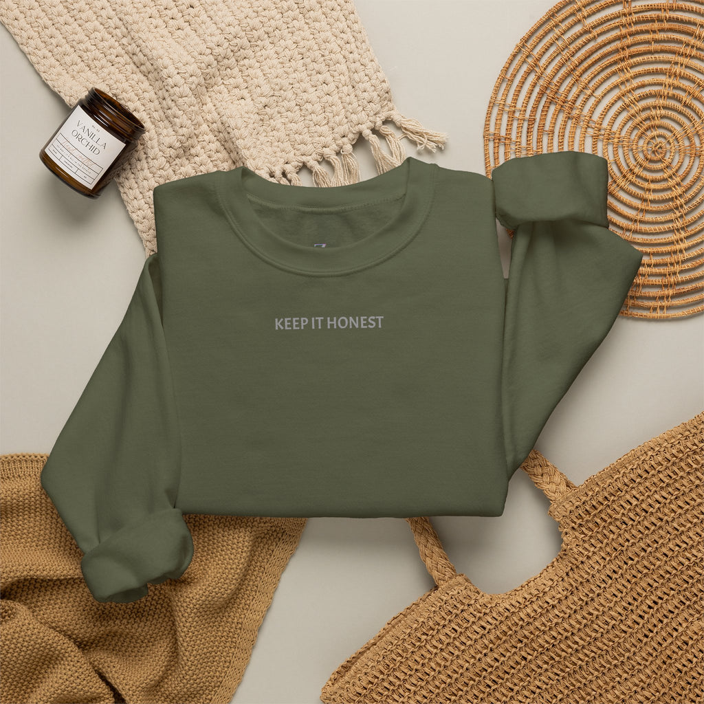 Crewneck Sweatshirt - Minimal "Keep It Honest" Chest Text, Cozy White Casual Pullover