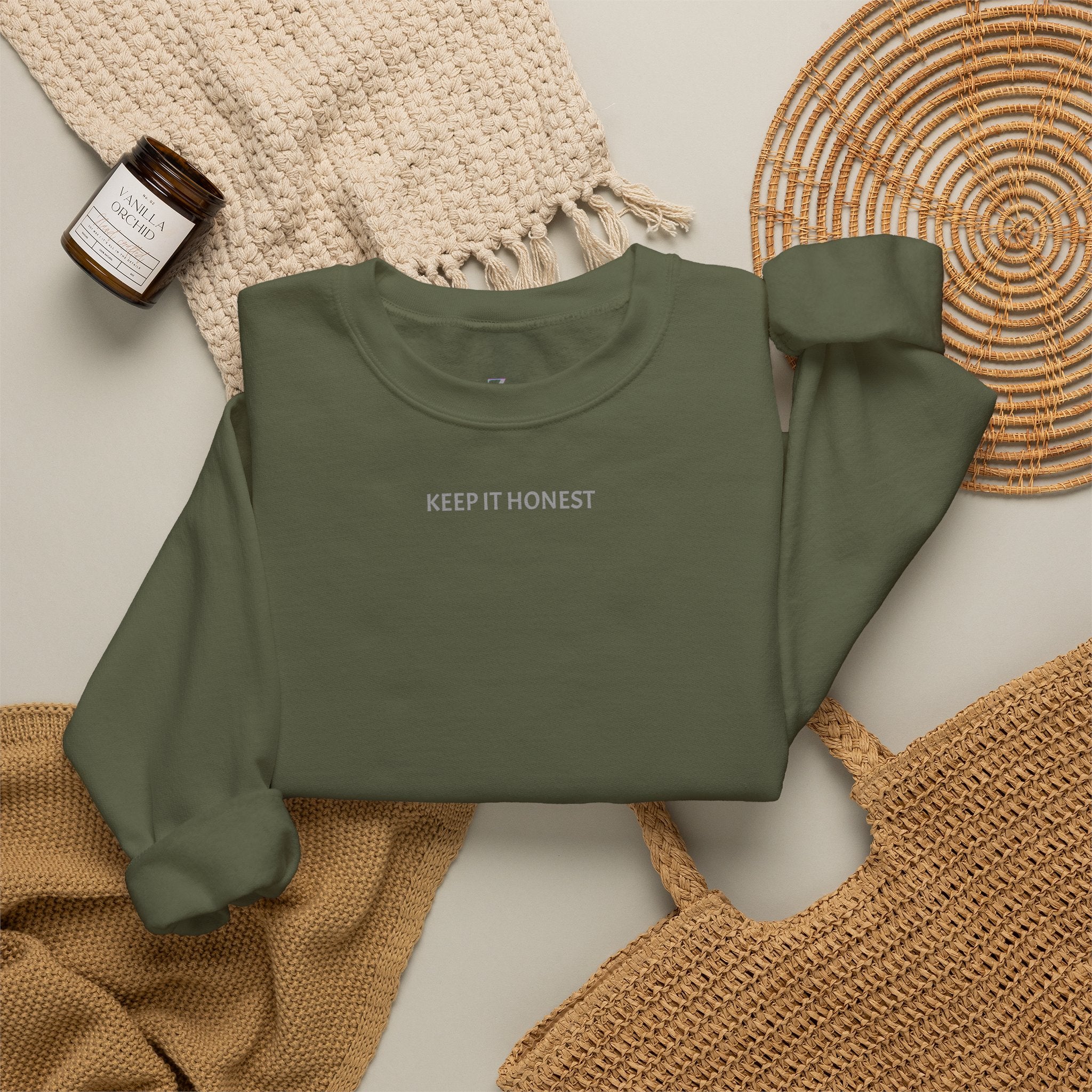 Crewneck Sweatshirt - Minimal "Keep It Honest" Chest Text, Cozy White Casual Pullover
