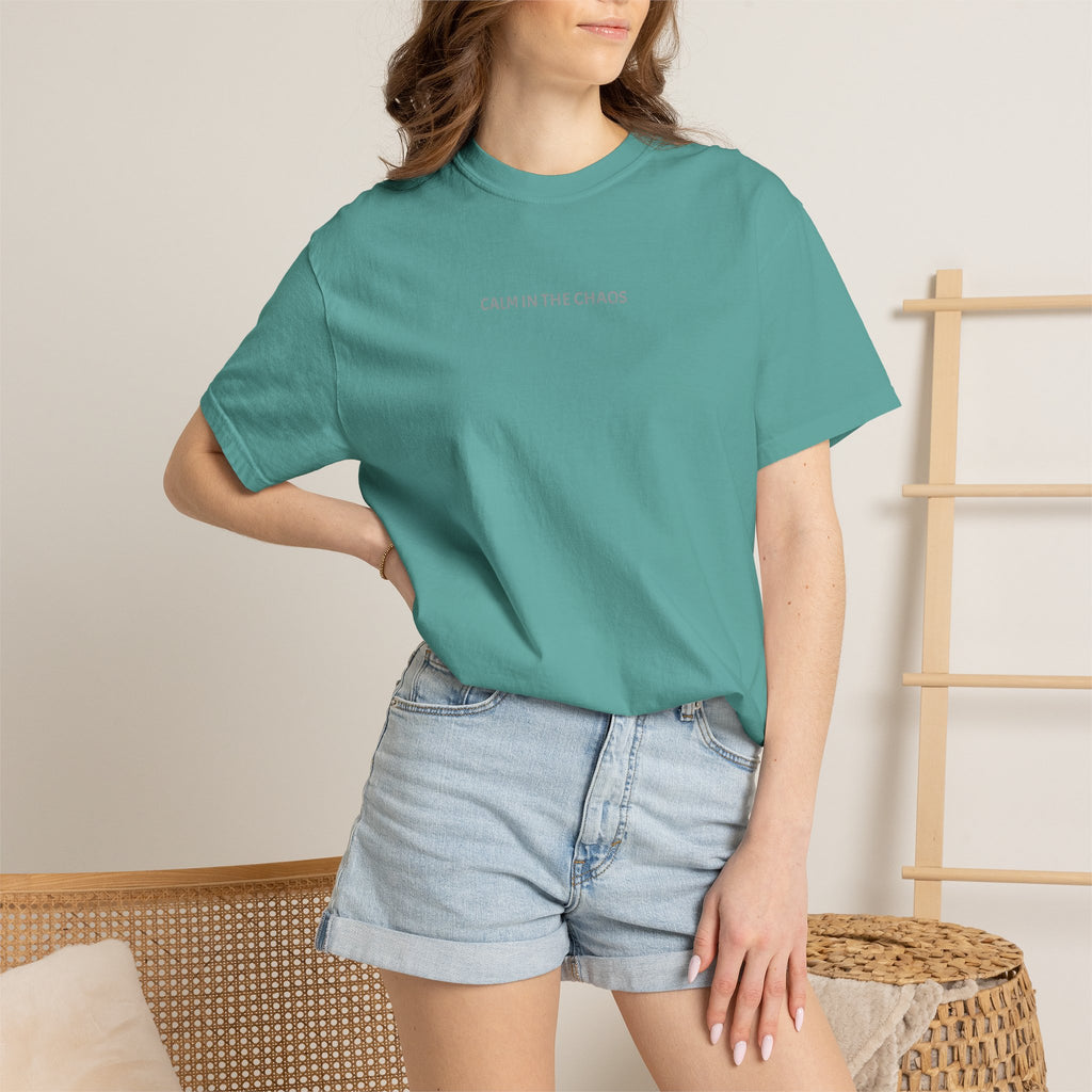 Calm in the Chaos T-Shirt — Minimalist White Tee with Subtle Text